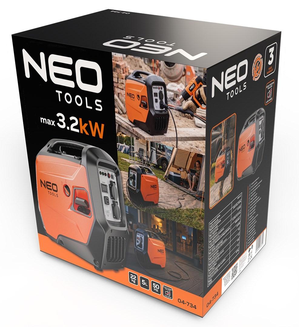 NEO TOOLS invertergenerator 3200 W med 2 x AC 230 V-udtag, USB og voltmeter