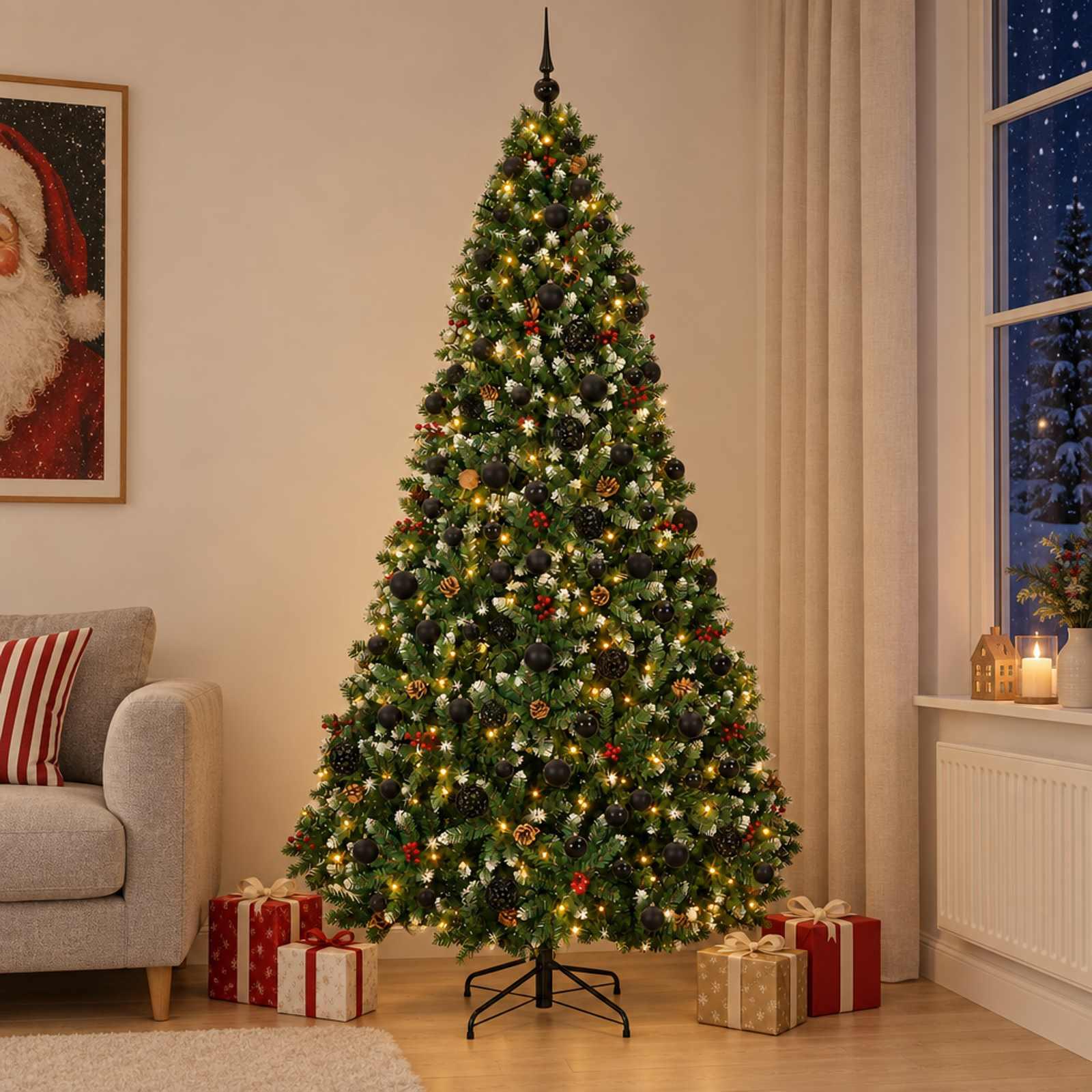 vidaXL Kunstigt juletræ, grønt med julekugler 240 cm 300 LED'er