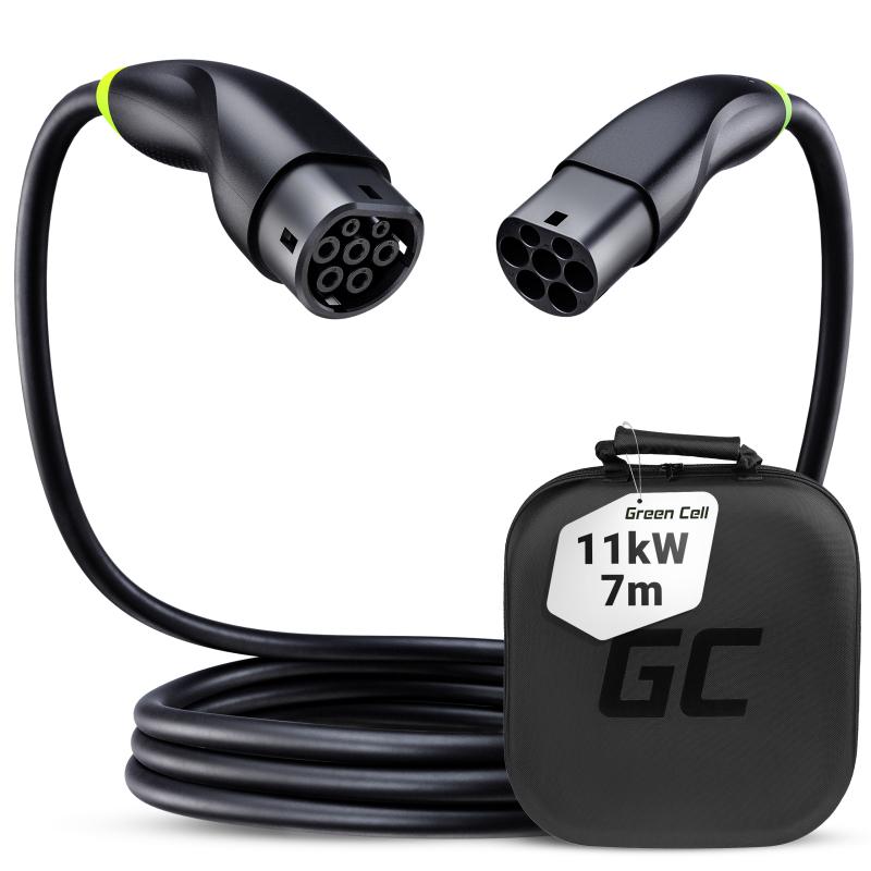 Green Cell ladekabel til elbil type 2 stik - 3 faset, 16A - Optil 11 kW - 7 meter