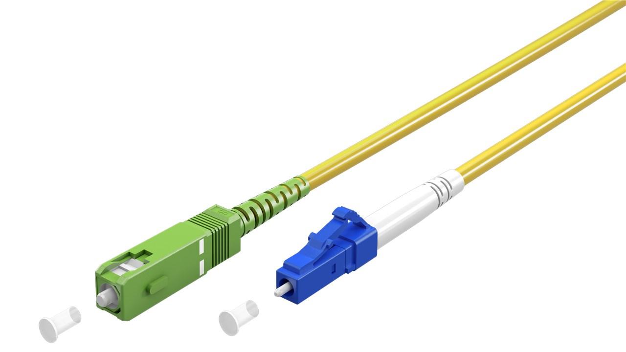 Goobay Lyslederkabel (FTTH), Singlemode (OS2) Yellow, gul (Simplex), 10 m fiberoptisk kabel, stik SC-APC (8°) > LC stik (UPC), halogenfri kabelkappe (LSZH)