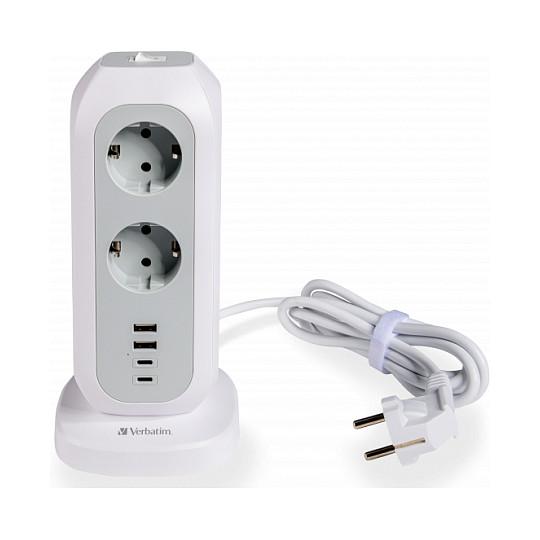 Verbatim EUPT-01 - Stikdåse - 15-i-1 europæisk multi stik forlængelse - AC 230 V - 3600 Watt - input: Type F - output-stikforbindelser: 15 (11 x strømkontakt Type F, 2 x USB, 2 x USB-C) - 2 m ledning - Europa