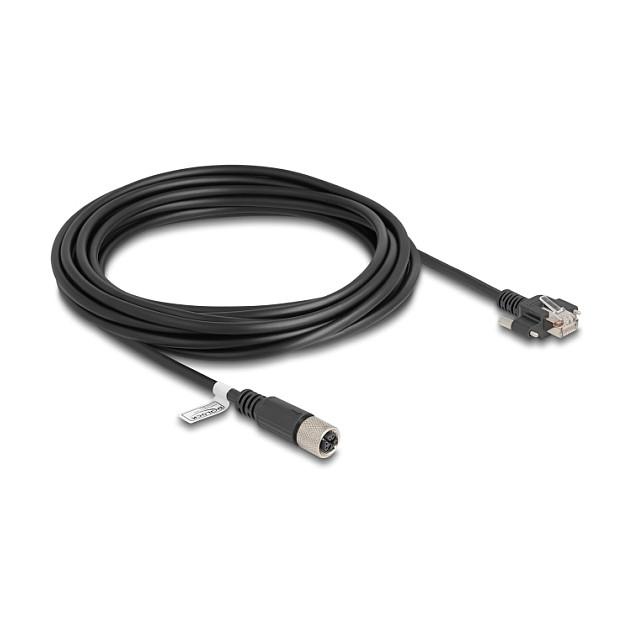 Netværkskabel DeLOCK M12 X-kodet 8-pin hun til RJ45 han med skruer 5 m - sort
