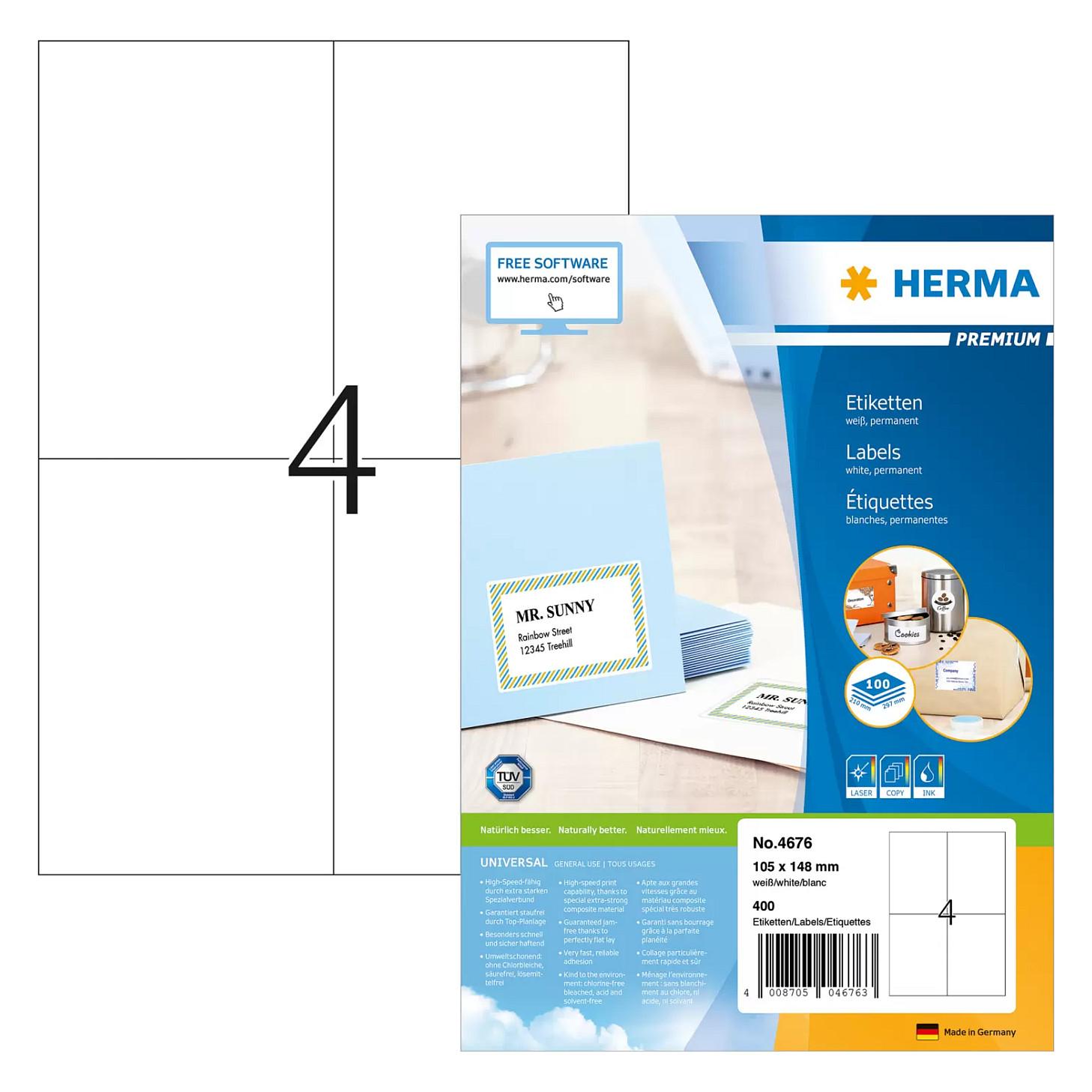 HERMA Premium - Papir - mat - permanent selvklæbende - hvid - A6 (105 x 148 mm) 400 etikette(r) (100 ark x 4) laminerede etiketter