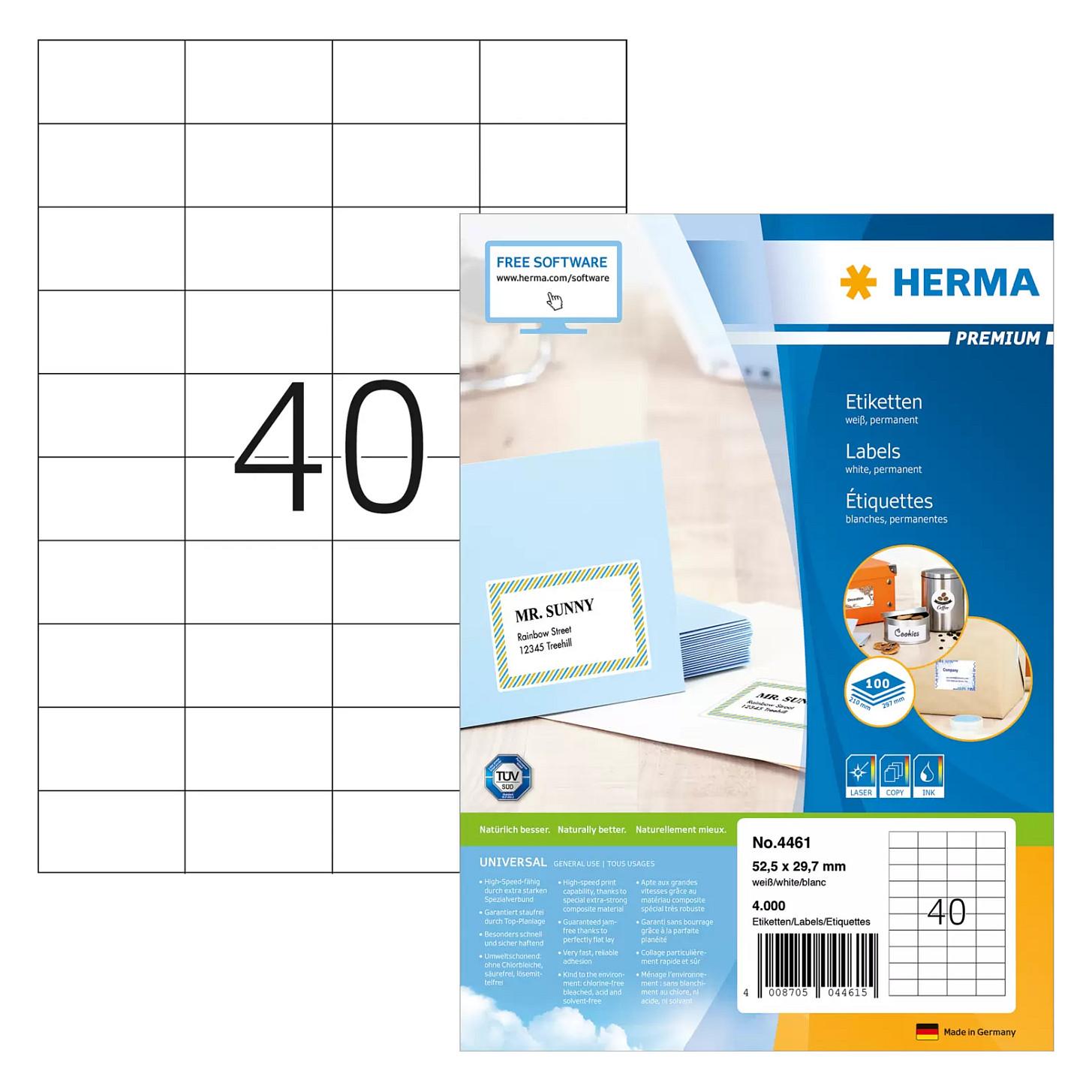 HERMA Premium - Papir - mat - permanent selvklæbende - hvid - 52.5 x 29.7 mm 4000 etikette(r) (100 ark x 40) laminerede etiketter