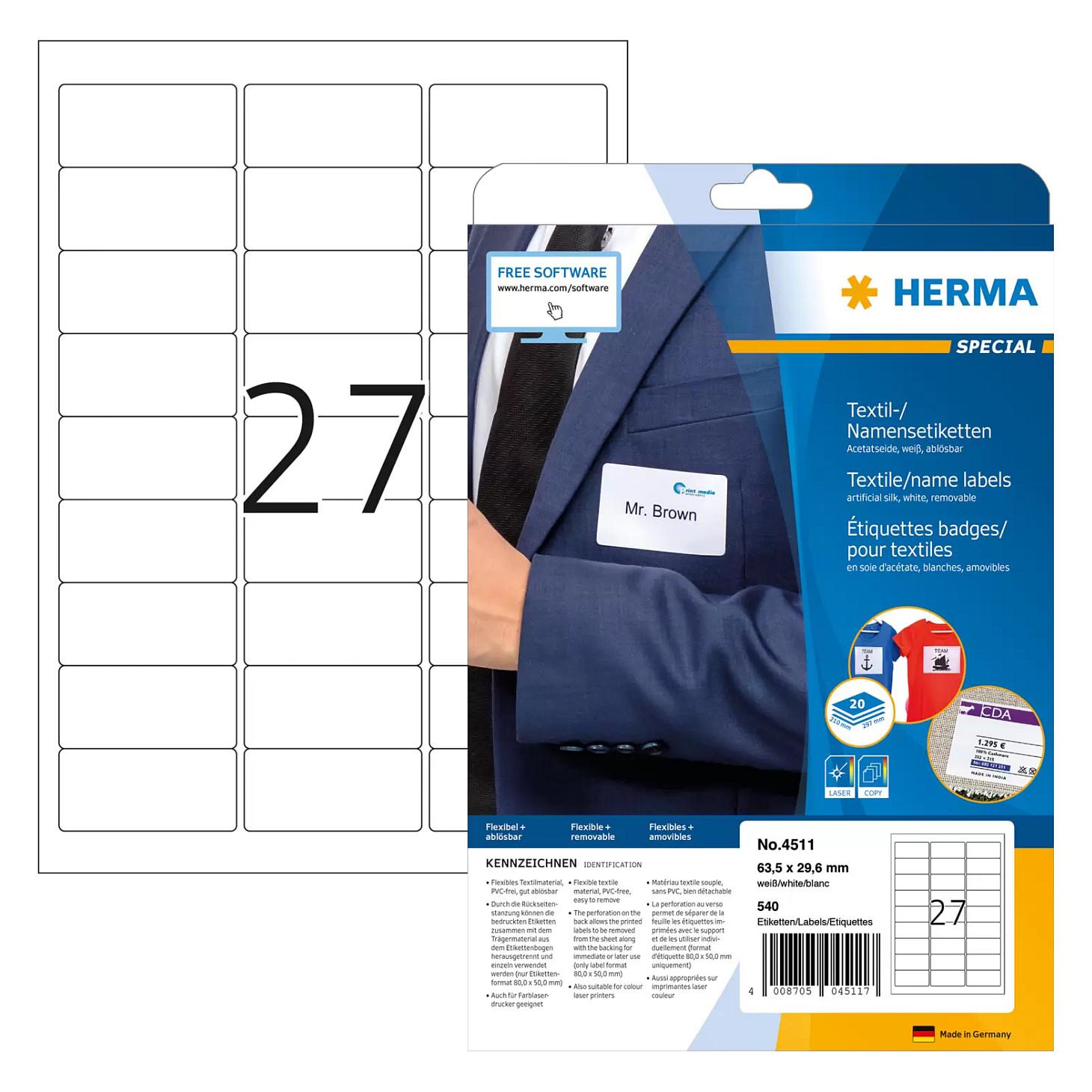 HERMA Special Name labels - Acetatsilke - aftagelig selvklæbende - hvid - 63.5 x 29.6 mm 540 etikette(r) (20 ark x 27) etiketter