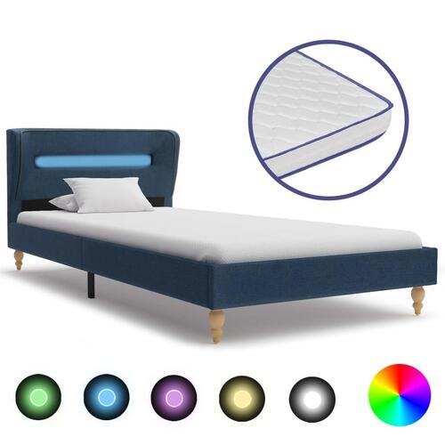 Seng med LED og madras i memoryskum 90 x 200 cm stof blå
