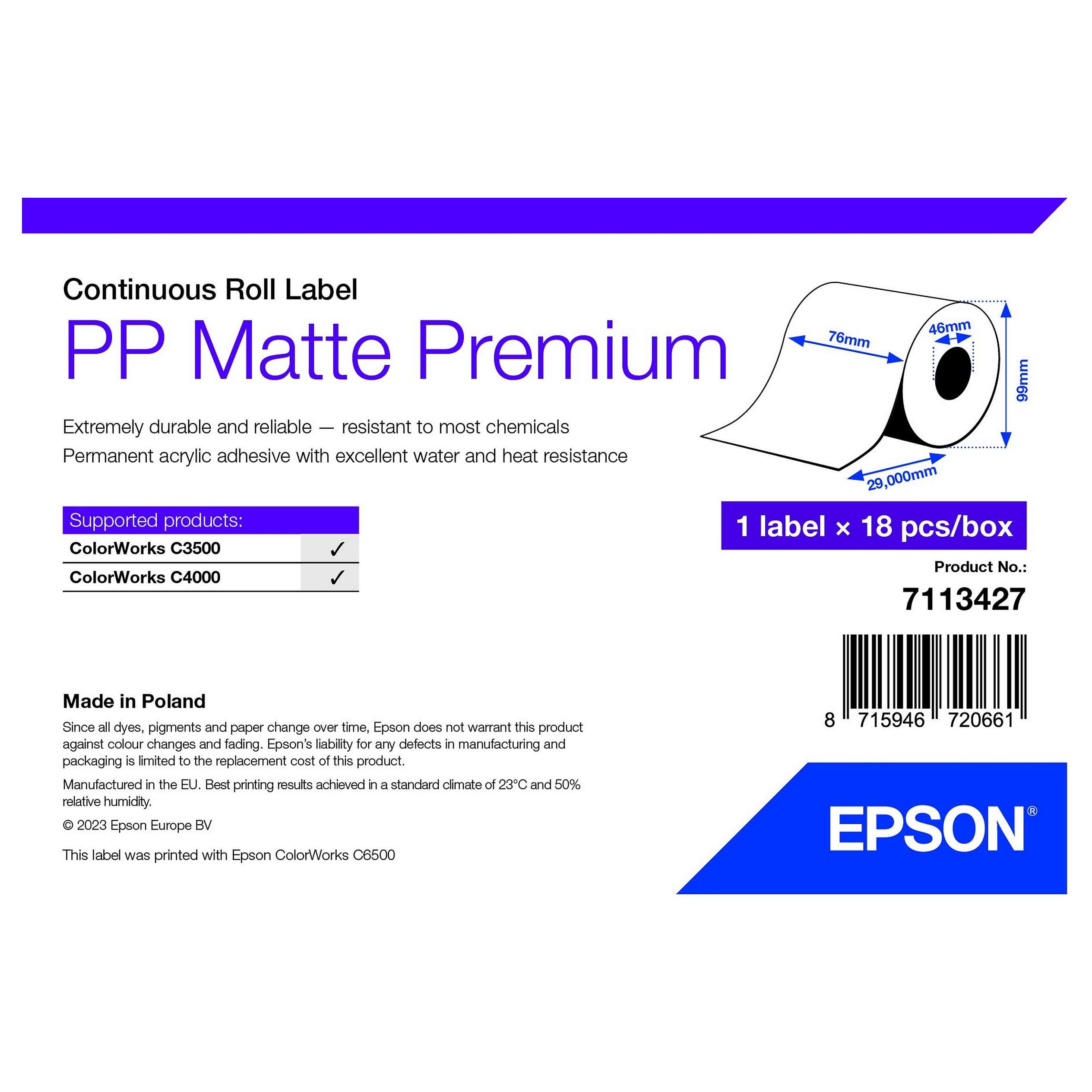 Epson Premium - Polypropylen (PP) - mat - permanent akryllisk klæbemiddel - Rulle (7,6 cm x 29 m) 18 rulle(r) mærkater fortløbende papir