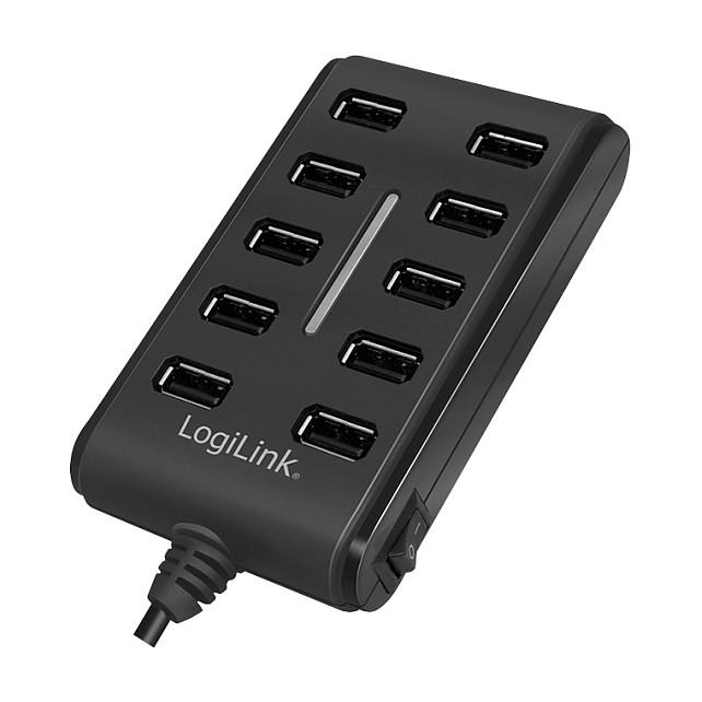 LogiLink UA0125 USB-hub med 10 porte, USB 2.0, 480 Mbit/s og 3,5 A strømadapter