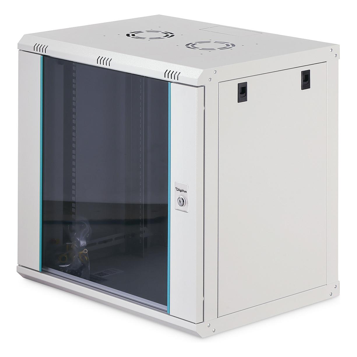 DIGITUS Dynamic-N vægskab 12U 600 x 450 mm, lysegråt, usamlet netværksskab med glasdør