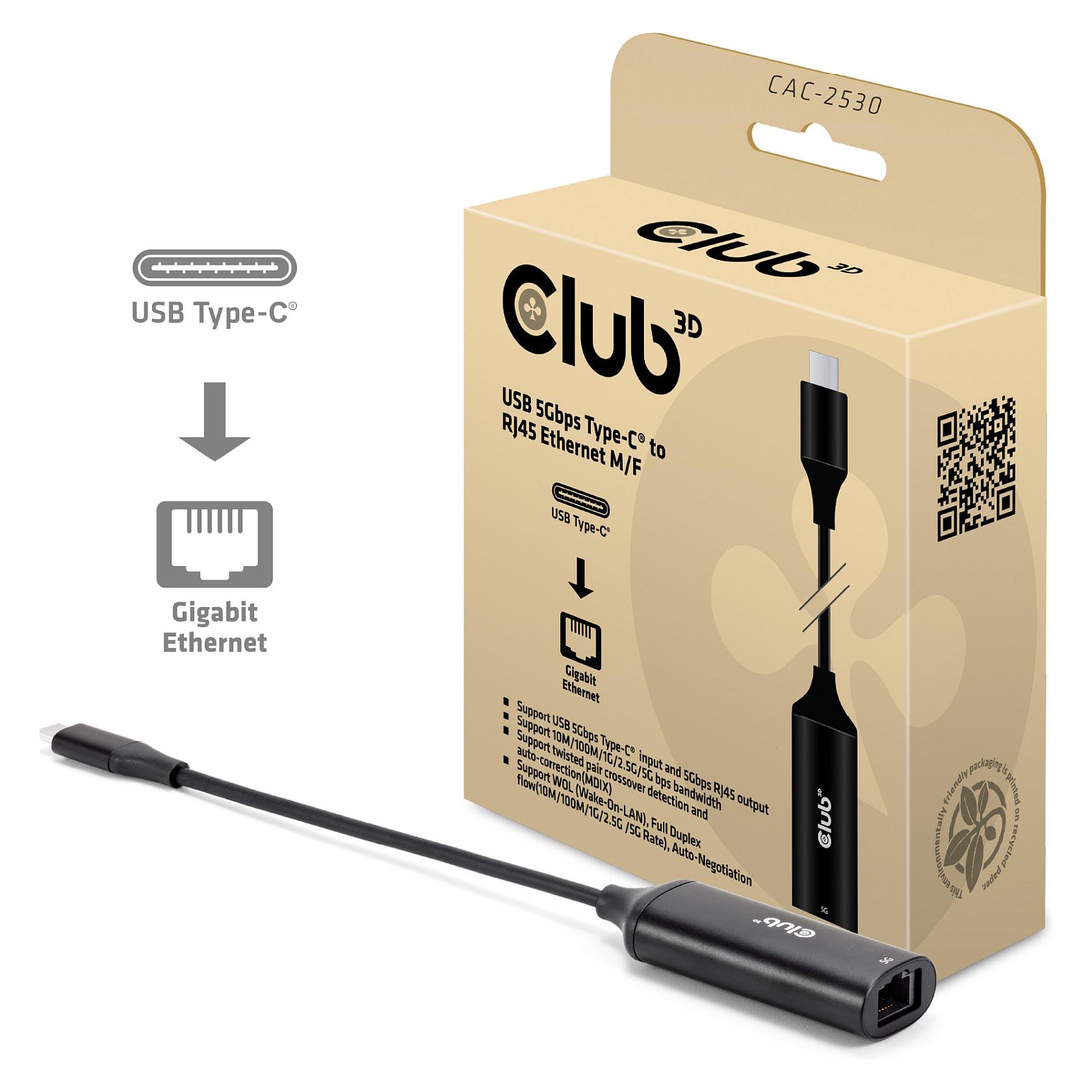 CLUB3D CAC-2530 USB-C til RJ45 netværksadapter 5 Gbps, 24,5 cm