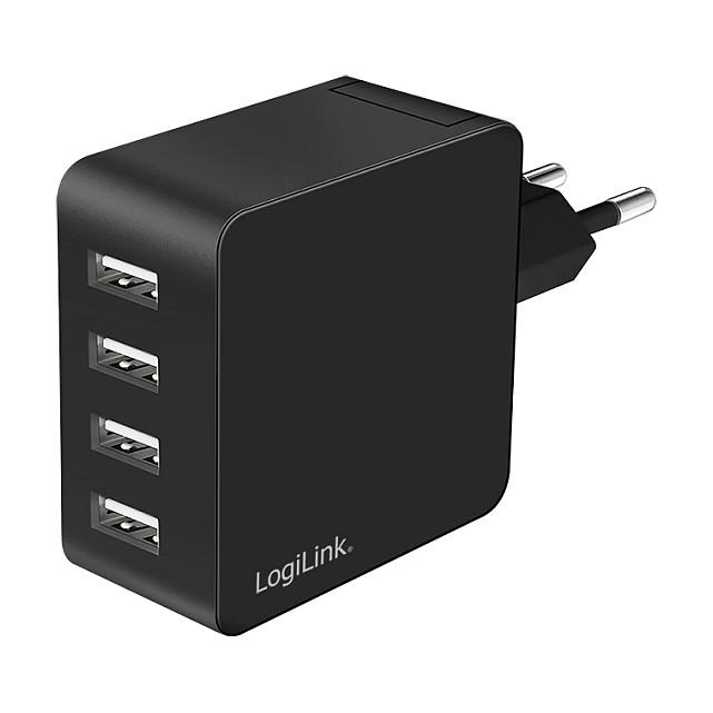 USB-A oplader LogiLink PA0336 - 24 W, 4 porte, sort