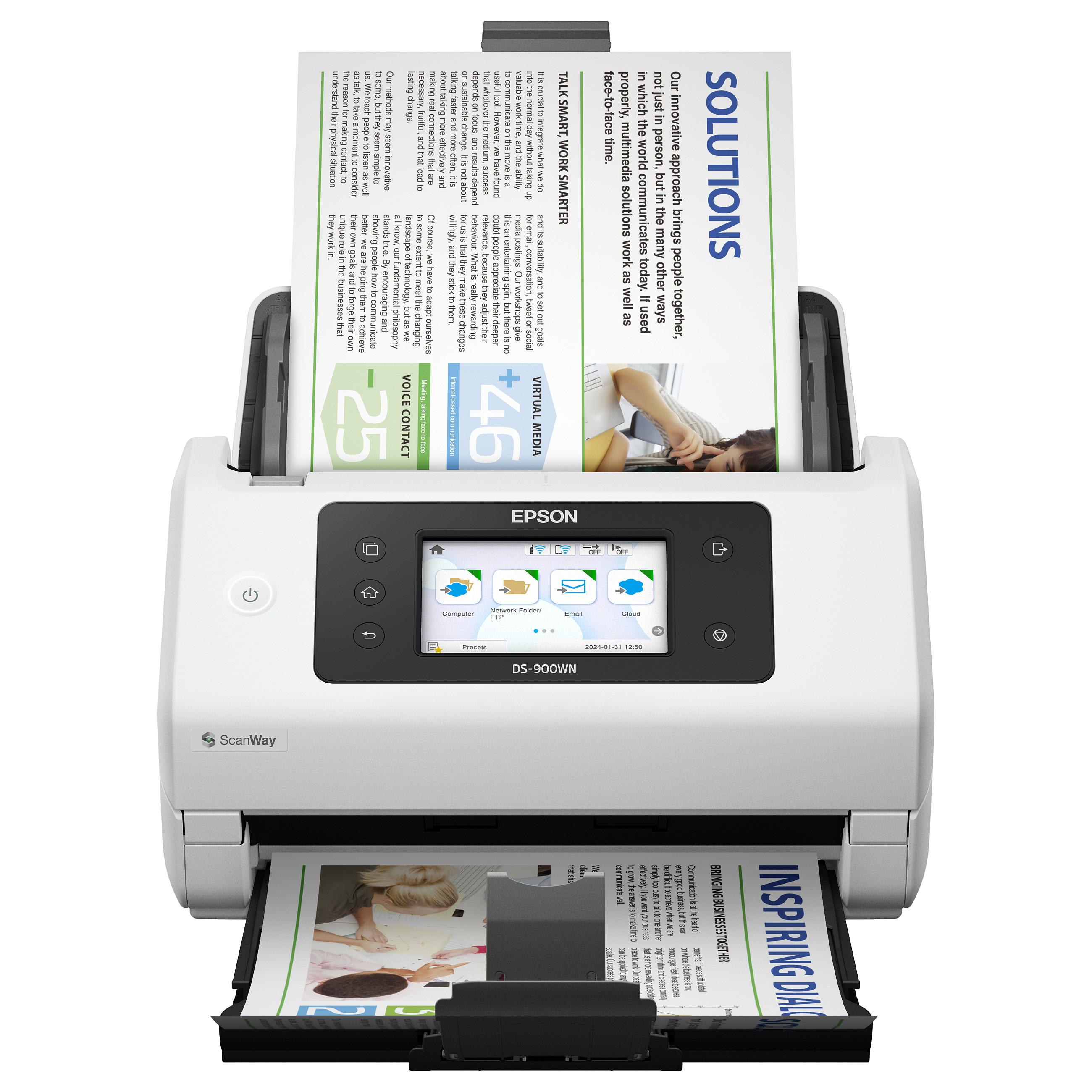 Epson WorkForce DS-900WN - Dokumentscanner - Duplex - A4/Legal - 600 dpi x 600 dpi - op til 70 ppm (mono) / op til 70 ppm (farve) - ADF (100 ark) - op til 11000 scanninger pr. dag - Gigabit LAN, Wi-Fi, USB 3.2 Gen 1x1