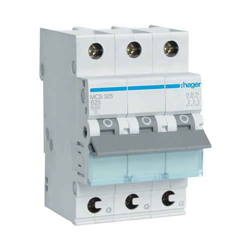 Hager MCS325. Nennstrom: 25 A, AC Eingangsfrequenz: 50/60 Hz. Typ: C-type, Module Menge (max): 3 Modul(e). Breite: 52,5 mm, Tiefe: 70 mm, HA¶he: 83,4