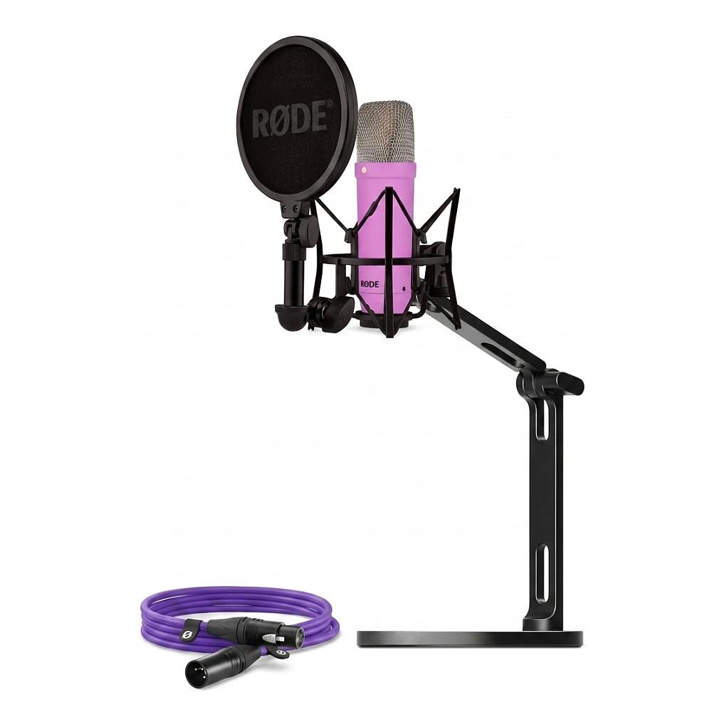 Studiemikrofon RØDE NT1 Signature med XLR-kabel og desktop studio arm - lilla