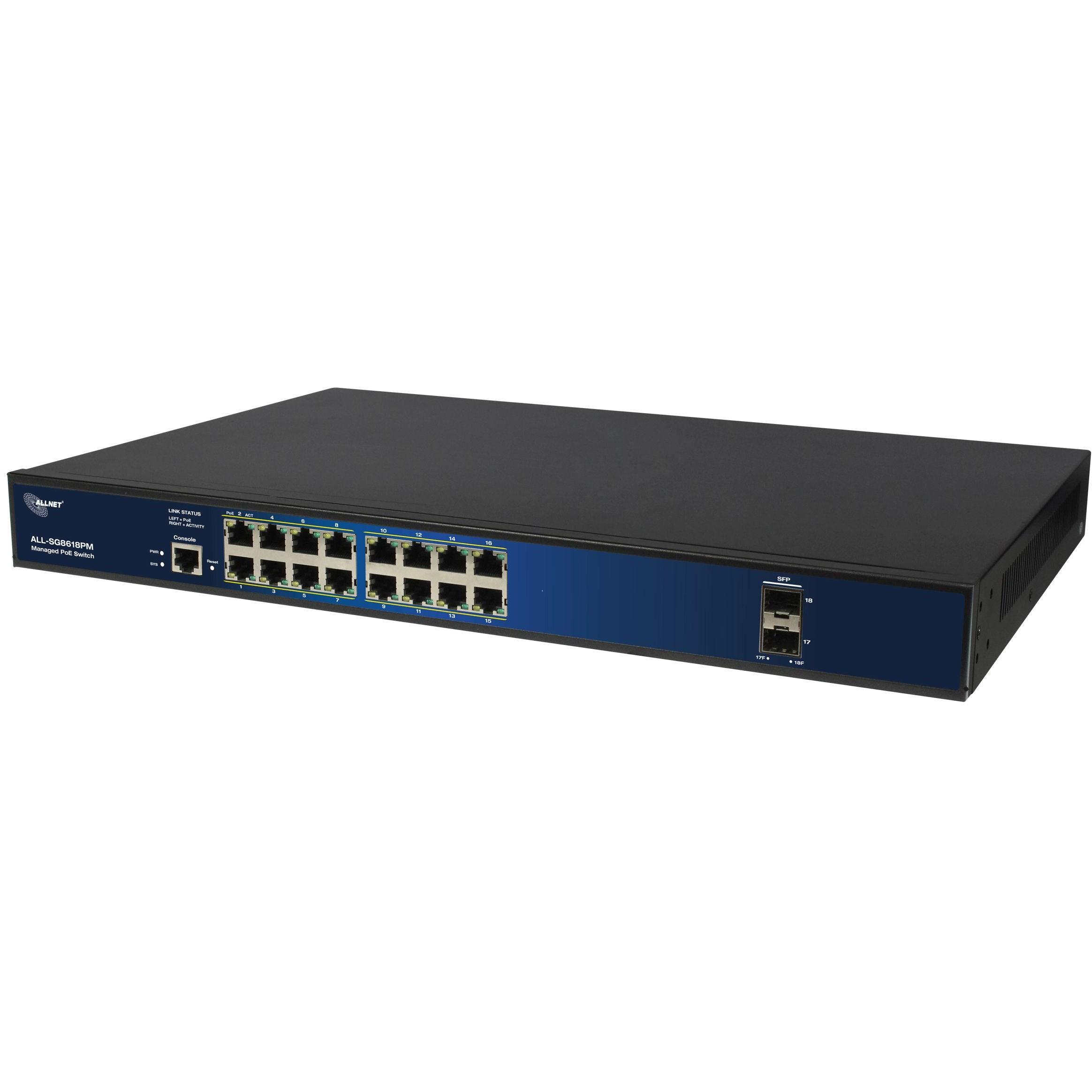 ALLNET Switch full managed Layer2 18 Port 16x GbE PoE Budget 280W 16x PoE at 2x SFP 19 Fanless JSON API ALLSG8618PM