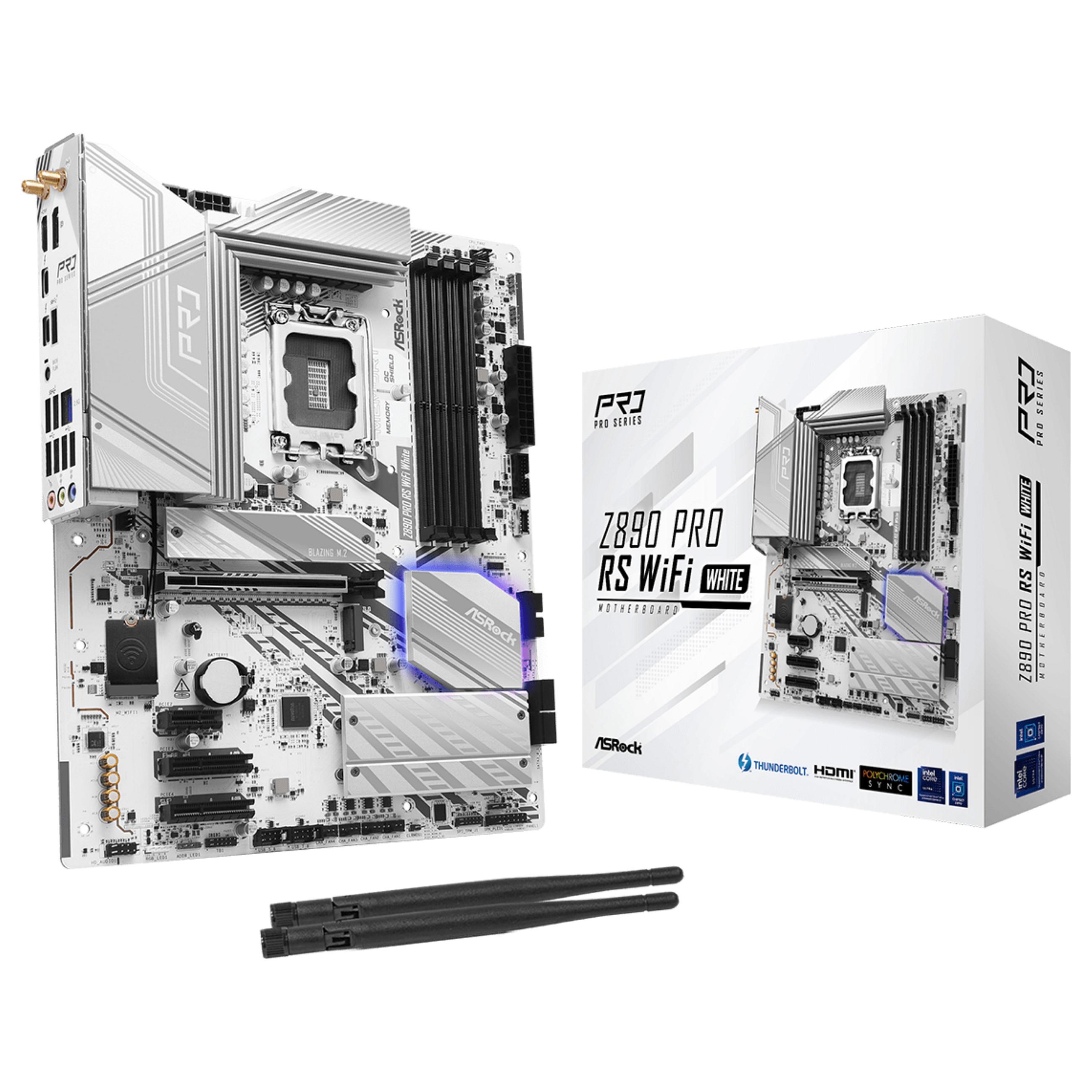 ASRock Z890 Pro RS WiFi White - Bundkort - ATX - LGA1851 sokkel - Z890 Chipset - USB4, USB-C 3.2 Gen 2x2, USB 3.2 Gen 2, USB 3.2 Gen 1 - 2.5 Gigabit LAN, Bluetooth, Wi-Fi 6E - onboard grafik (CPU påkrævet) - HD Audio (8-kanaler)