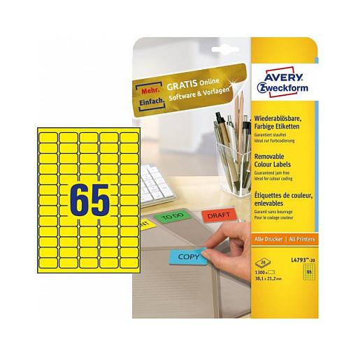 Printeretiketter Avery Zweckform L4793-20 38,1 x 21,2 mm - gul