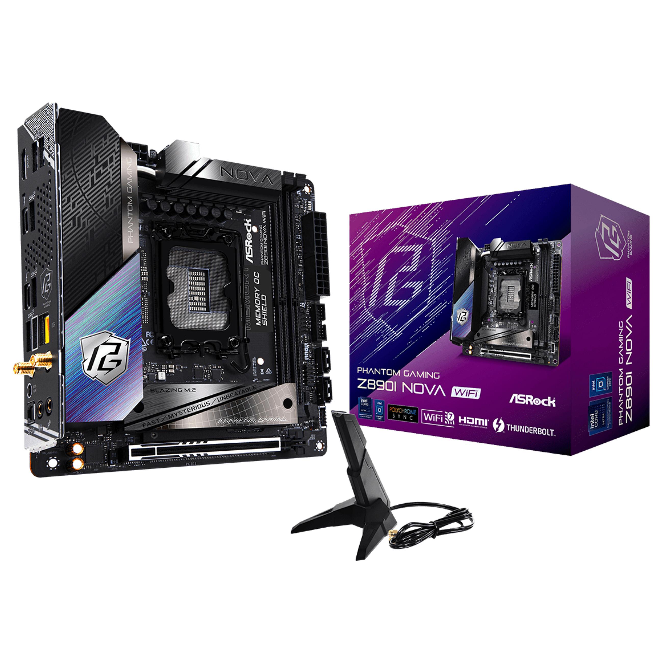 ASRock Phantom Gaming Z890I NOVA WIFI - Bundkort - mini ITX - LGA1851 sokkel - Z890 Chipset - USB4, USB 3.2 Gen 2, USB-C 3.2 Gen 2x2, USB 3.2 Gen 1 - 5 Gigabit Ethernet, Wi-Fi 7, Bluetooth - onboard grafik (CPU påkrævet) - HD Audio (8-kanaler)