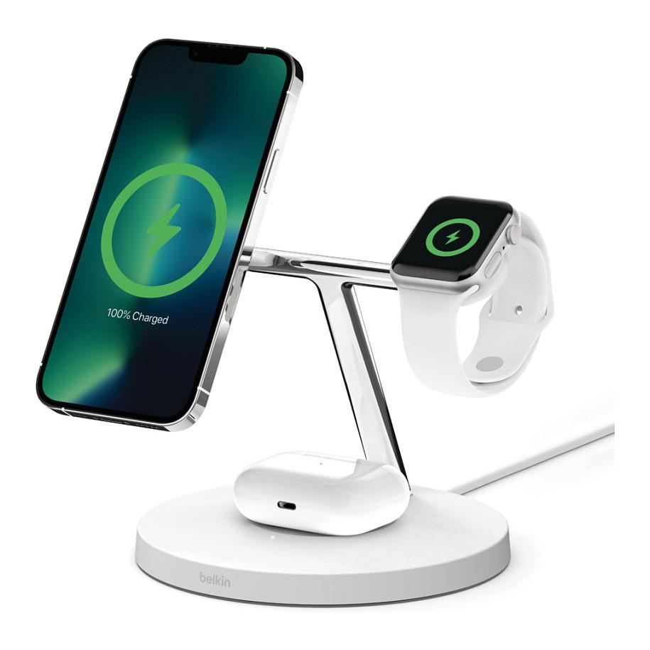 Belkin BoostCharge Pro - Trådløs opladningsstander - med MagSafe + AC-strømadapter - 15 Watt - Fast Charge - hvid - for Apple AirPods AirPods Pro iPhone 12, 13 Watch Series 4, Series 5, Series 6, Series 7