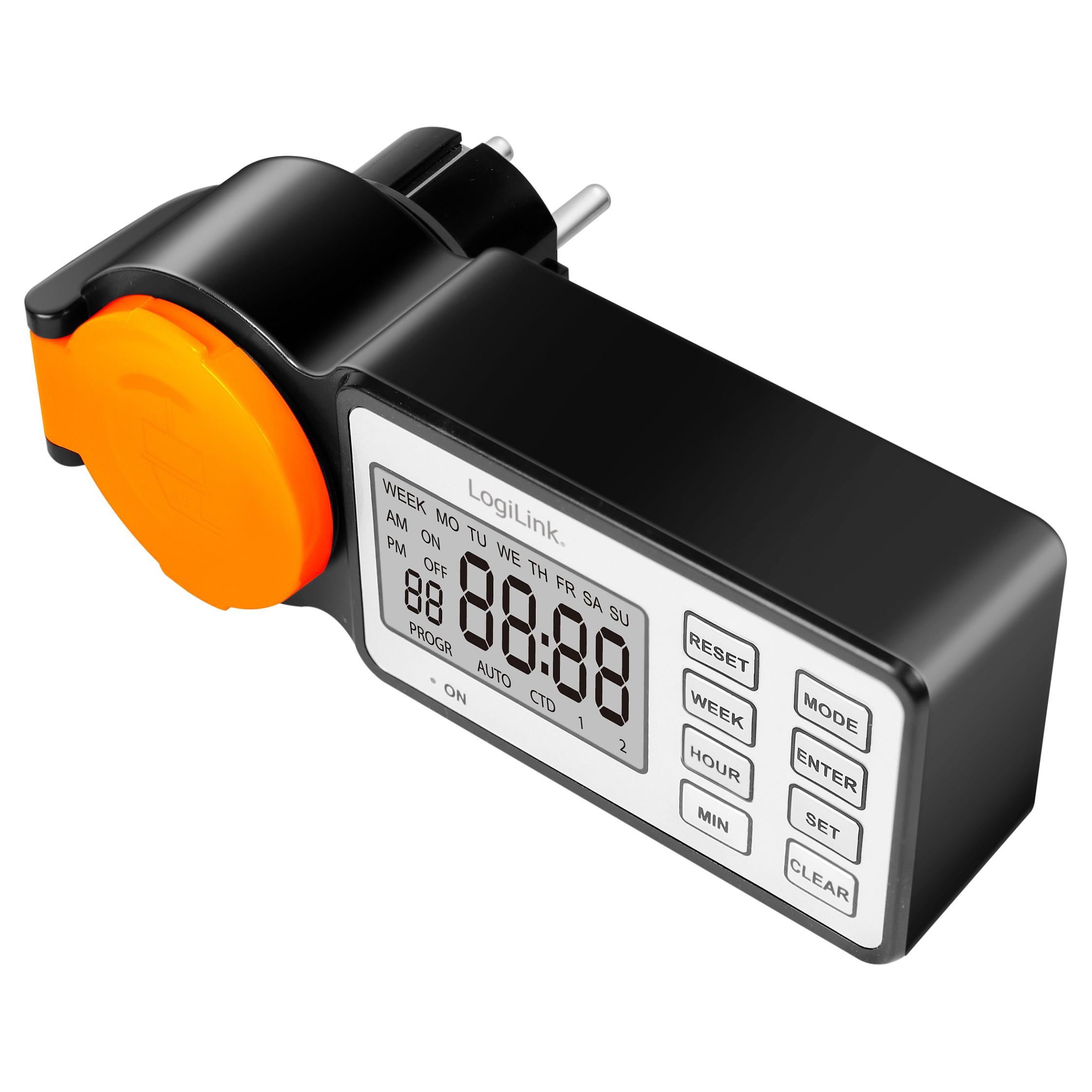 LogiLink ET0016, Daglig/ugentlig timer, Sort, Orange, Digital, LCD, Knapper, Polykarbonat (PC)