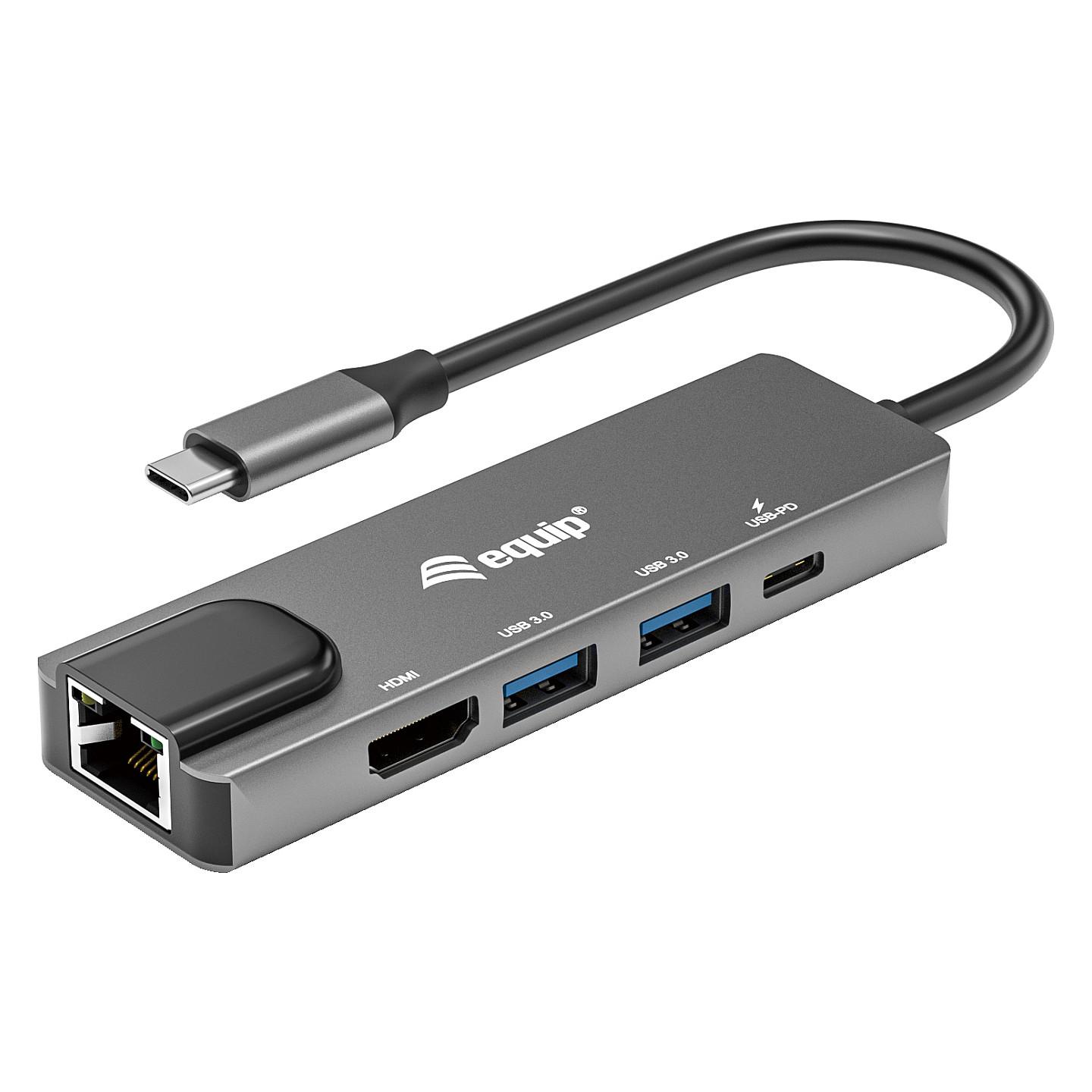 EQUIP USB-C 5-i-1 multimedieadapter med HDMI, Gigabit LAN, USB 3.2 Gen 1 og 100 W USB PD