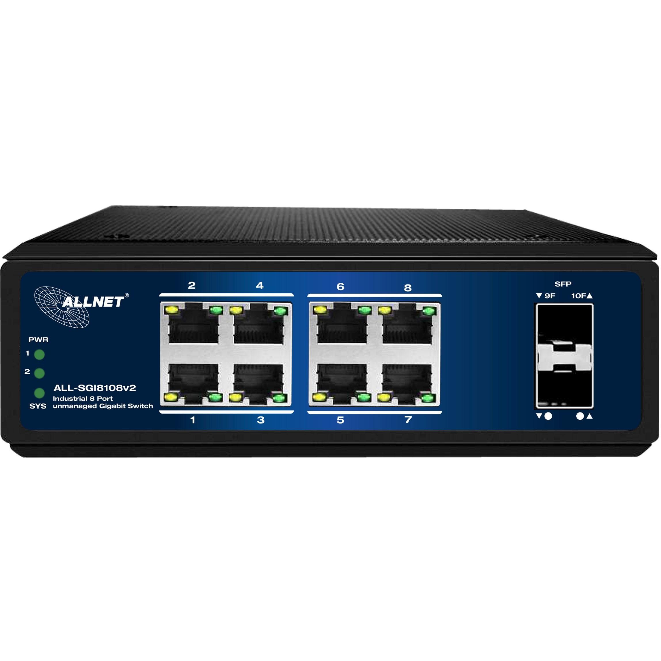ALLNET Switch unmanaged industrial 8 Port Gigabit 8x LAN 2x SFP Lüfterlos DIN IP40 ALLSGI8108v2