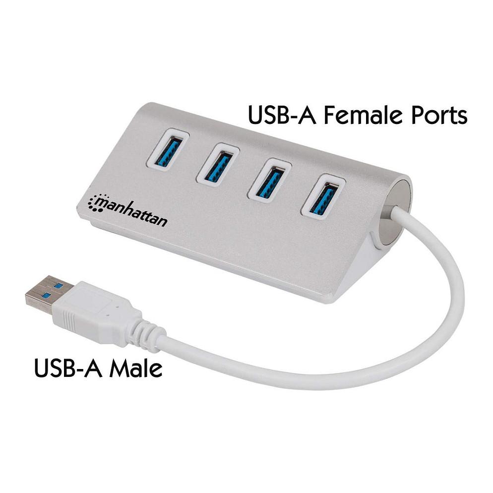 Manhattan USB-A 4-Port Hub, 4x USB-A Ports, 5 Gbps (USB 3.2 Gen1 aka USB 3.0), Bus Powered, Fast charging up to 0.9A, SuperSpeed USB, Aluminium