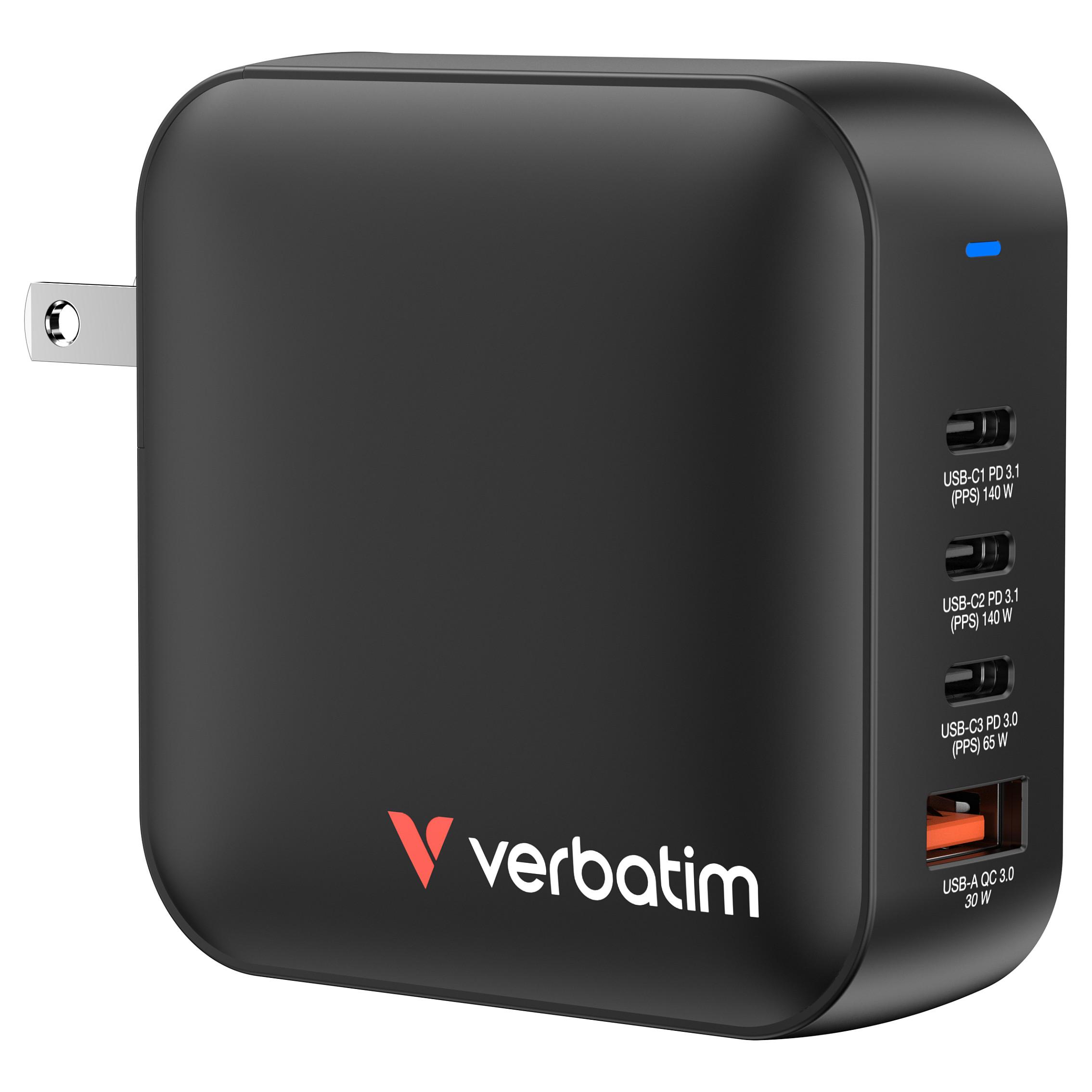 Verbatim - Strømforsyningsadapter - GaN - 165 Watt - 5 A - PD 3.0, PD/PPS, QC 4.0 - 4 output-stikforbindelser (3 x USB-C, USB)