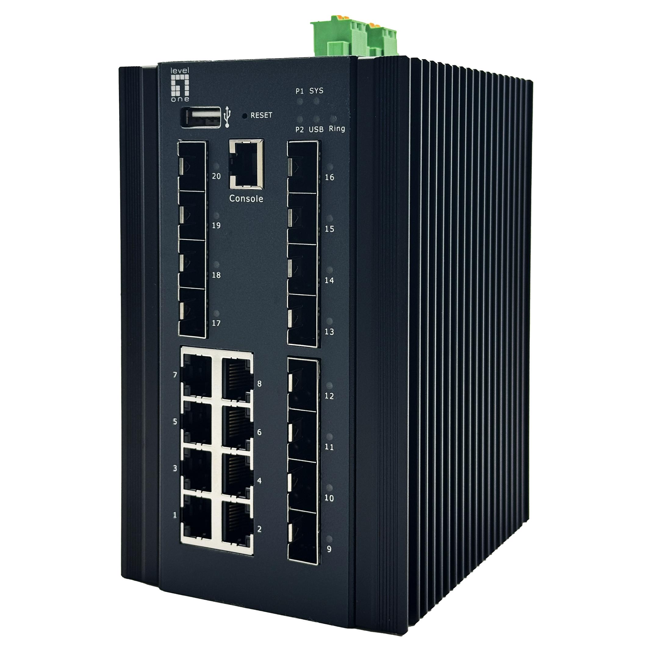 LevelOne 20-port L2+ administrerbar industriel switch - 8 x 1GbE RJ45, 8 x 1GbE SFP, 4 x 1/2,5/10GbE SFP+, DIN-skinne, -40 °C til 80 °C