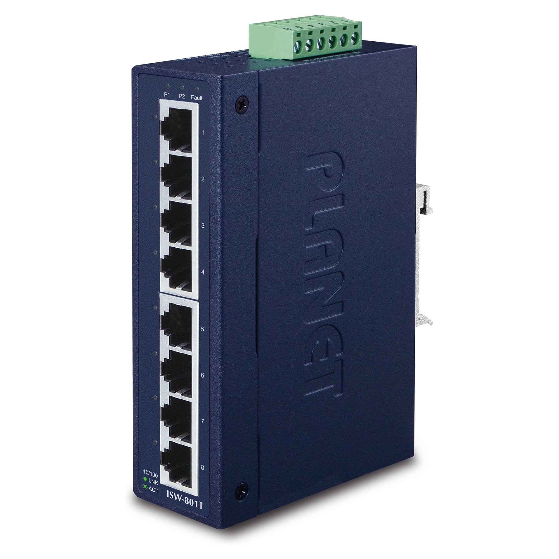 Planet ISW-801T 8-port Fast Ethernet switch, unmanaged L2, DIN-skinne og vægmontering, blå