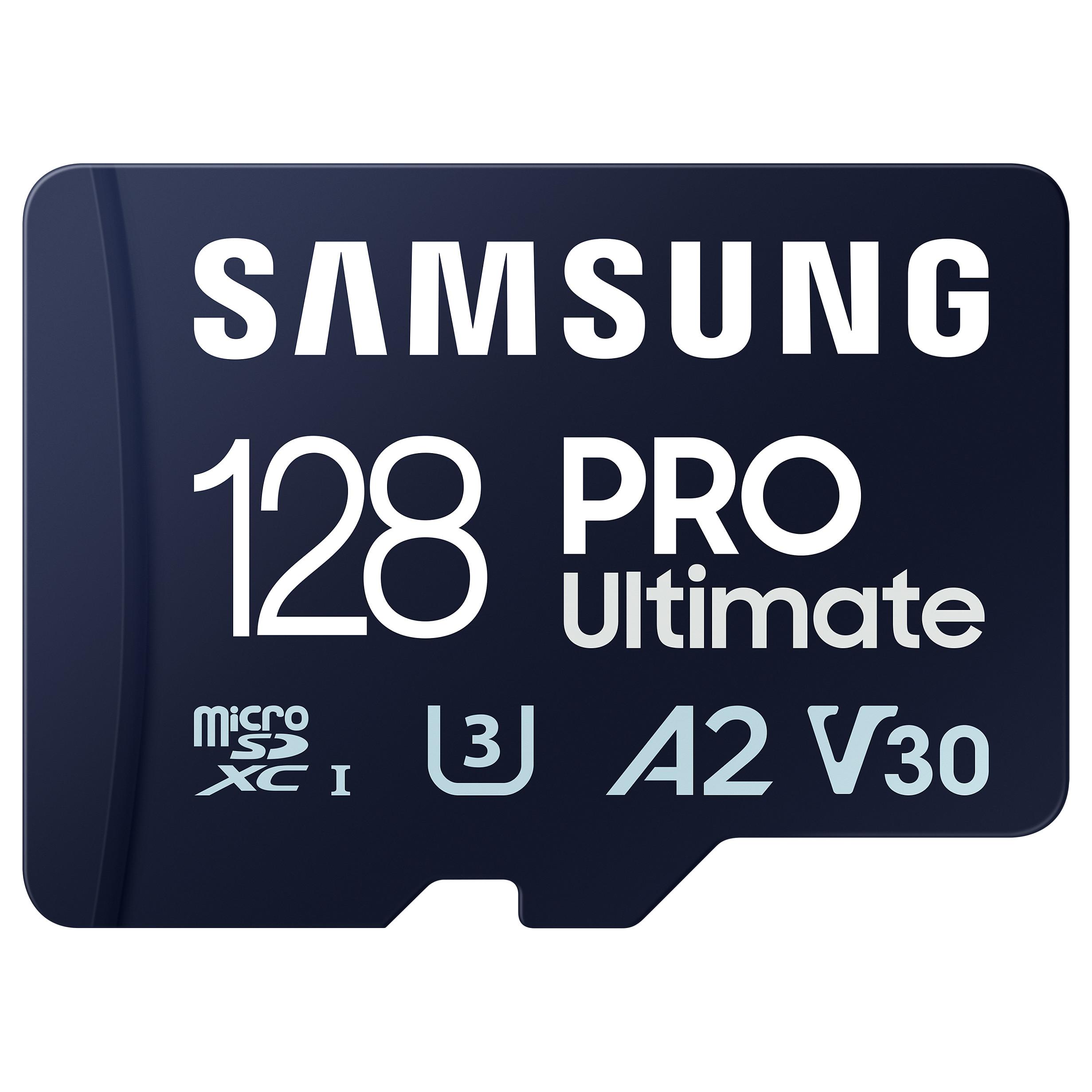 Samsung PRO Ultimate MB-MY128SA - Flashhukommelseskort (SD adapter inkluderet) - 128 GB - A2 / Video Class V30 / UHS-I U3 - microSDXC UHS-I - blå