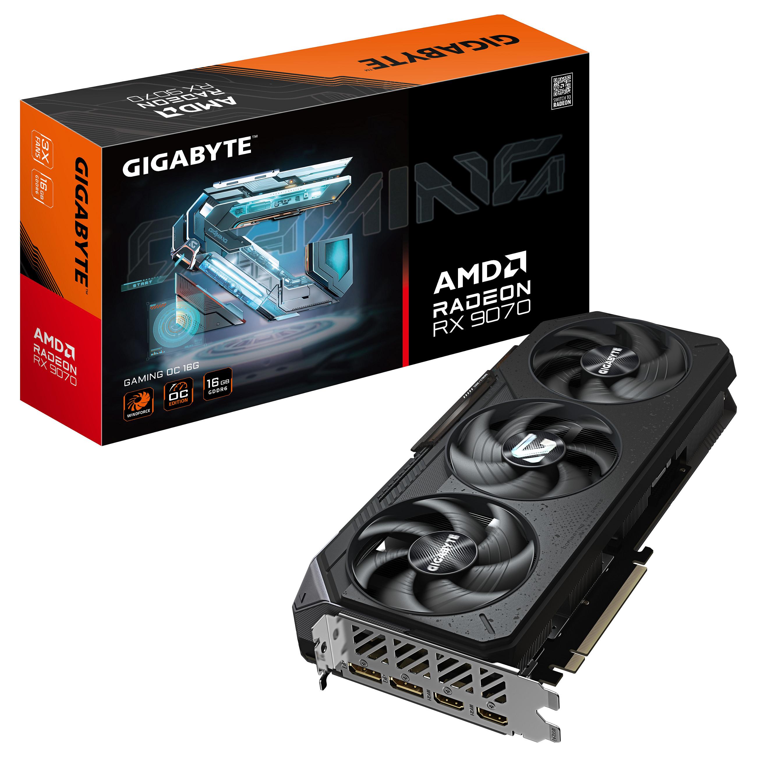Gigabyte Radeon RX 9070 GAMING OC 16 GB grafikkort med 16 GB GDDR6, PCI Express 5.0 og 3 blæsere