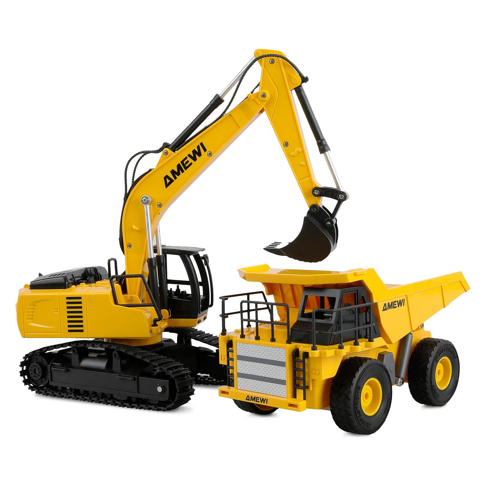 Amewi fjernstyret gravemaskine 1:24 med elmotor, 2,4 GHz og 9 kanaler - gul/sort