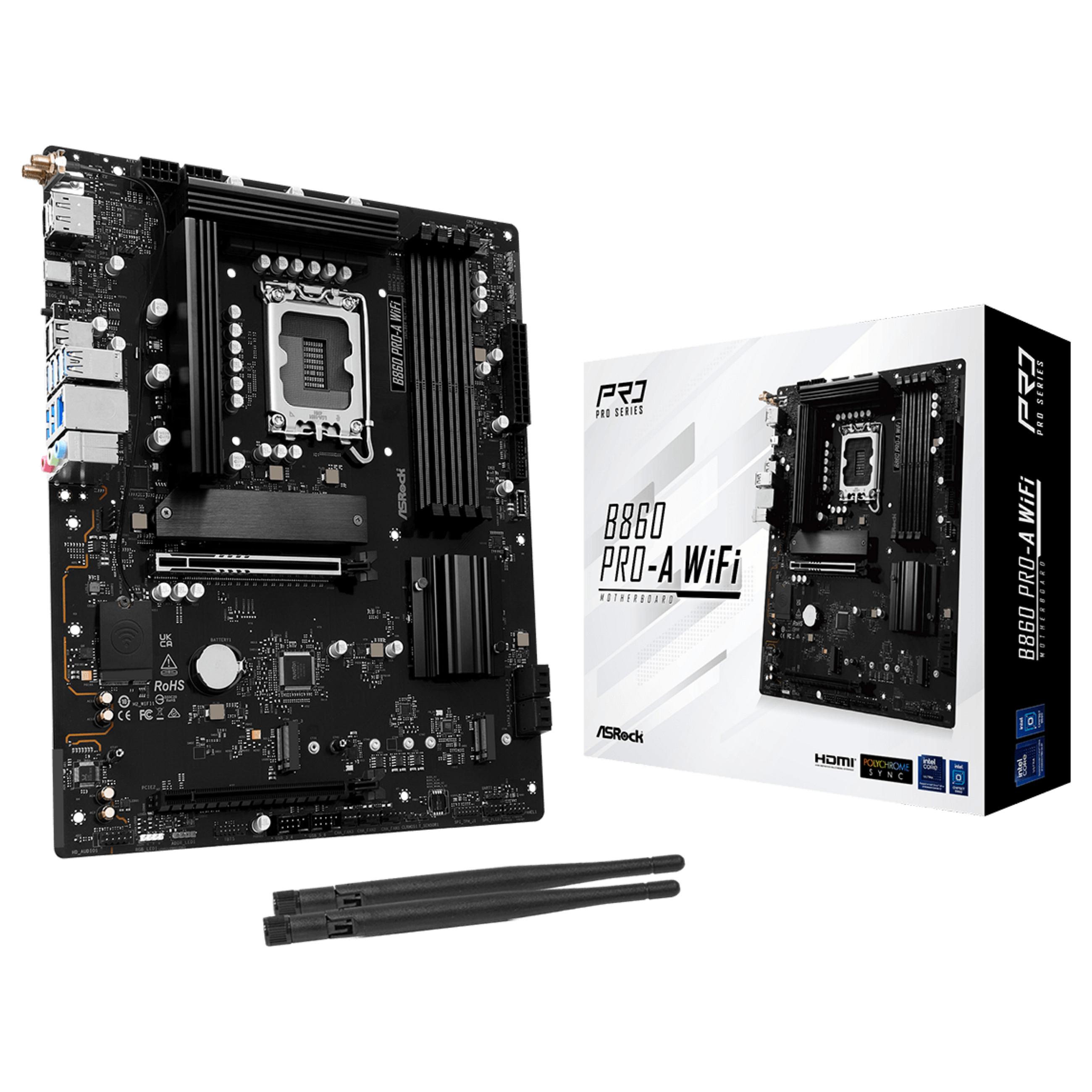 ASRock B860 Pro-A WiFi - Bundkort - ATX - LGA1851 sokkel - B860 Chipset - USB-C Gen 2x2, USB-C 3.2 Gen 1, USB 3.2 Gen 1 - Wi-Fi 6E, 2.5 Gigabit LAN, Bluetooth - onboard grafik (CPU påkrævet) - HD Audio (8-kanaler)