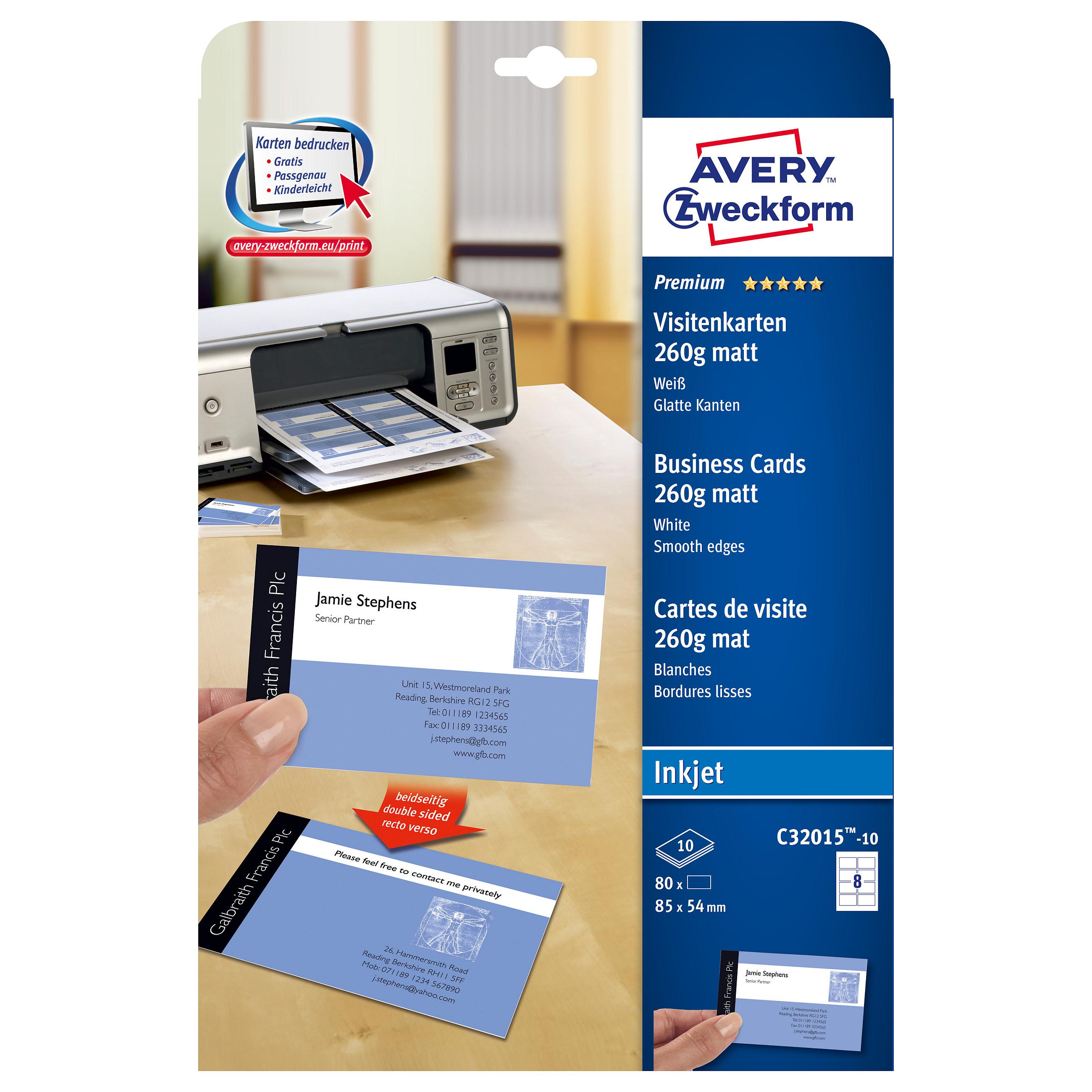 Avery Quick&Clean - Mat - belagt - hvid - 220 g/m2 - 10 stk. 8) visitkort