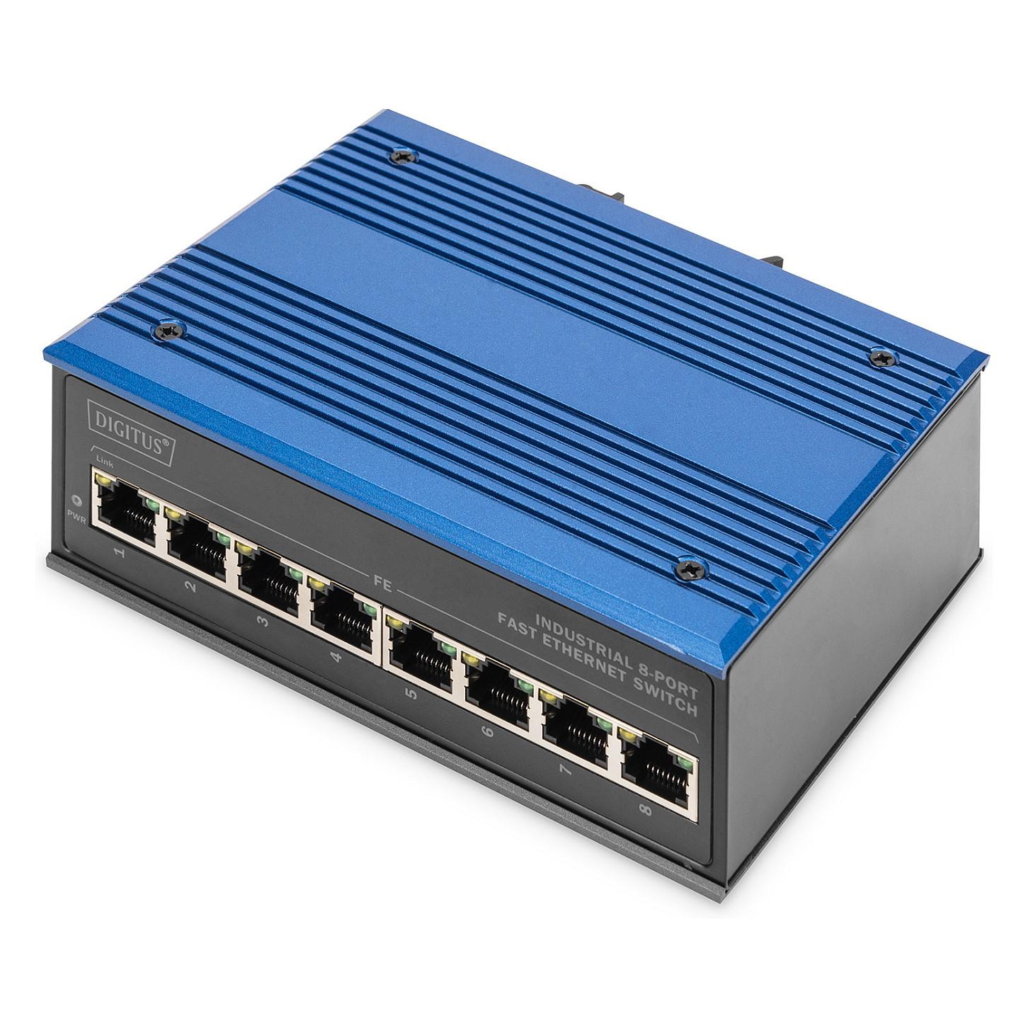 DIGITUS DN-650106 industriel 8-ports Fast Ethernet-switch 10/100, sort/blå til DIN-skinne og væg