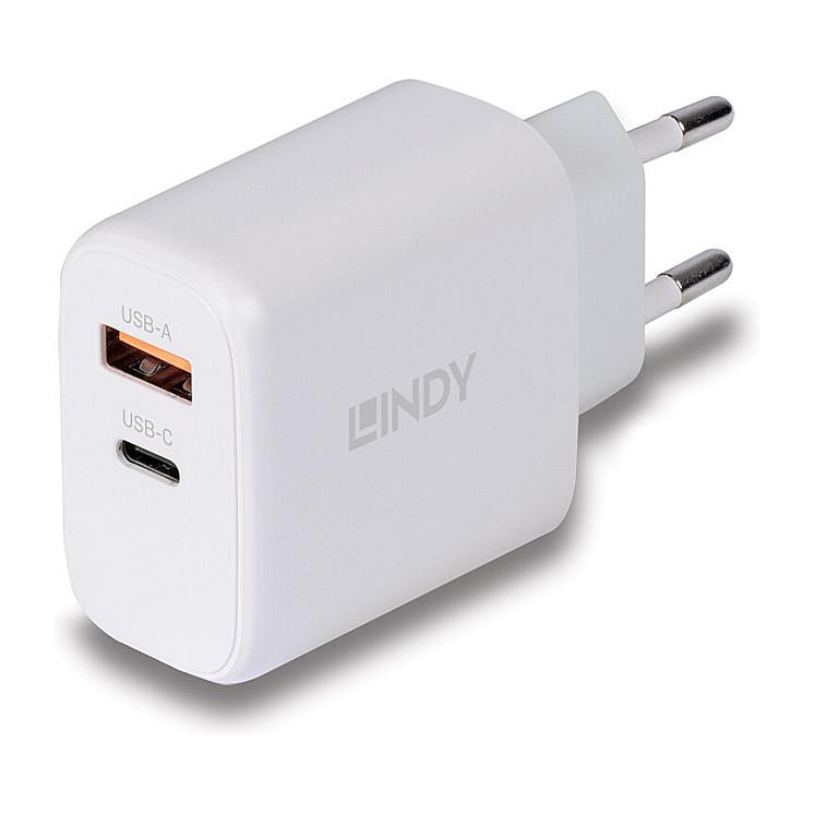 USB-oplader Lindy 73428 GaN 65 W USB-A/USB-C - hvid
