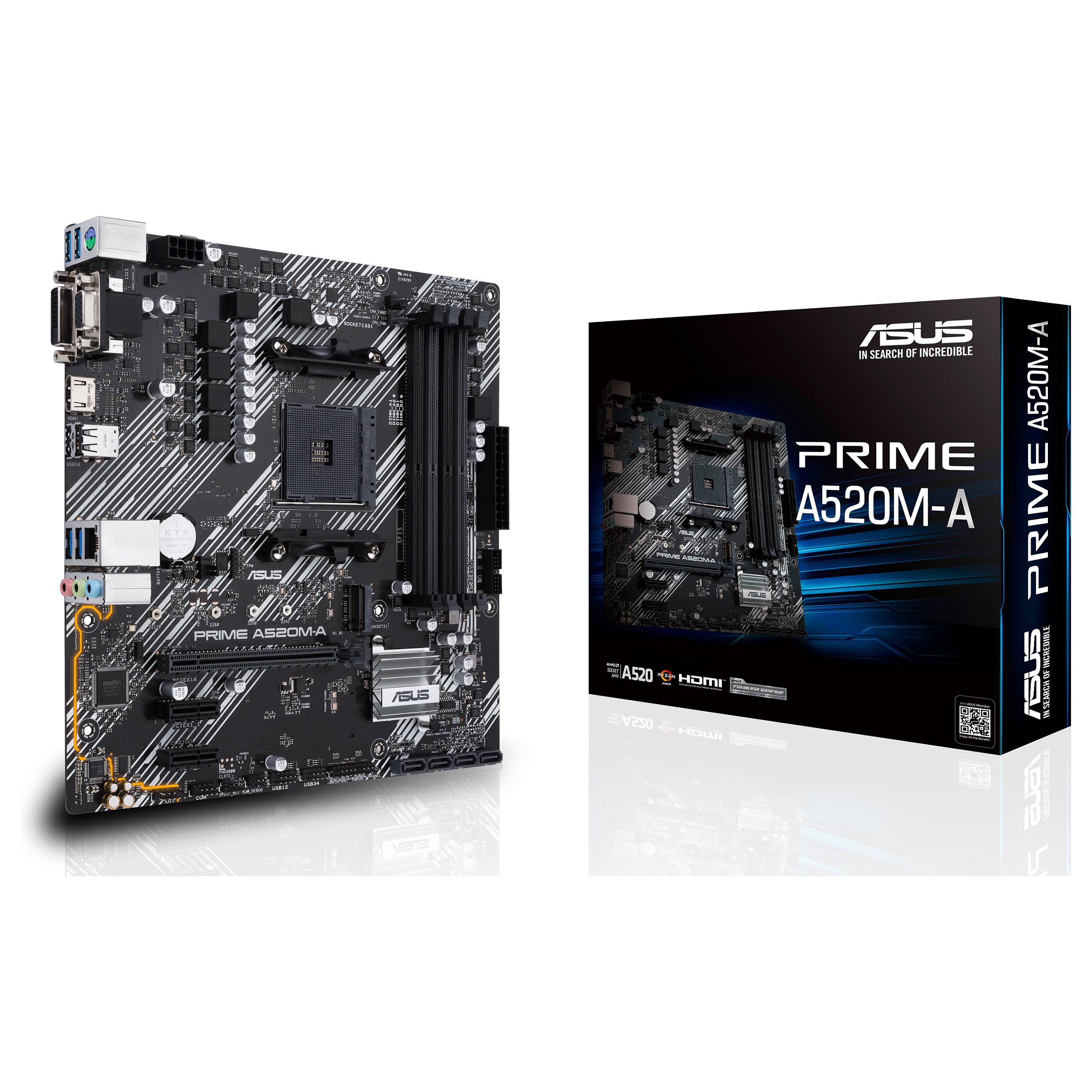 ASUS PRIME A520M-A II/CSM - Bundkort - micro ATX - Socket AM4 - AMD A520 Chipset - USB 3.2 Gen 1 - Gigabit LAN - onboard grafik (CPU påkrævet) - HD Audio (8-kanaler)