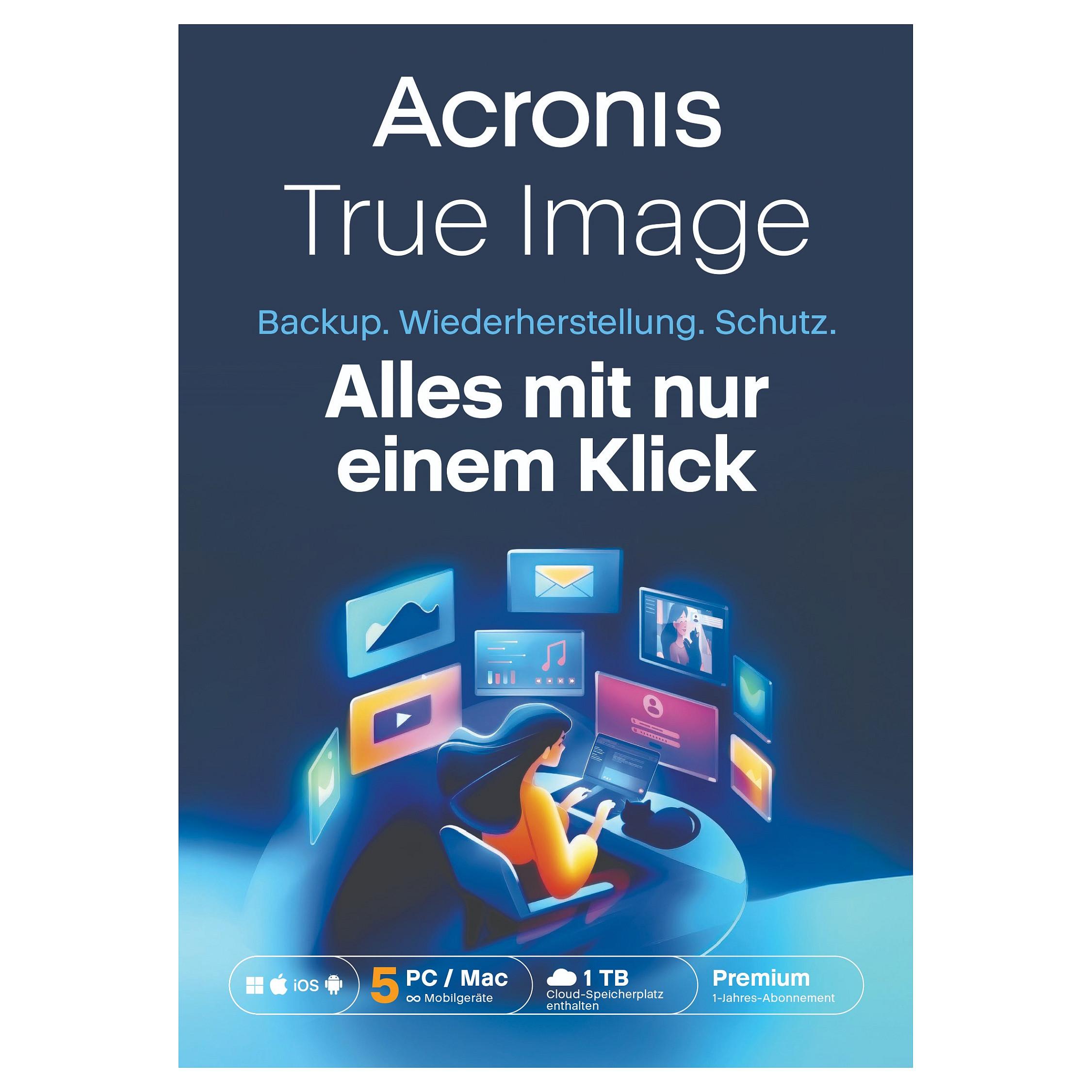 Backupsoftware Acronis True Image Premium - 5 PC/Mac, 1 TB Cloud, 1 år