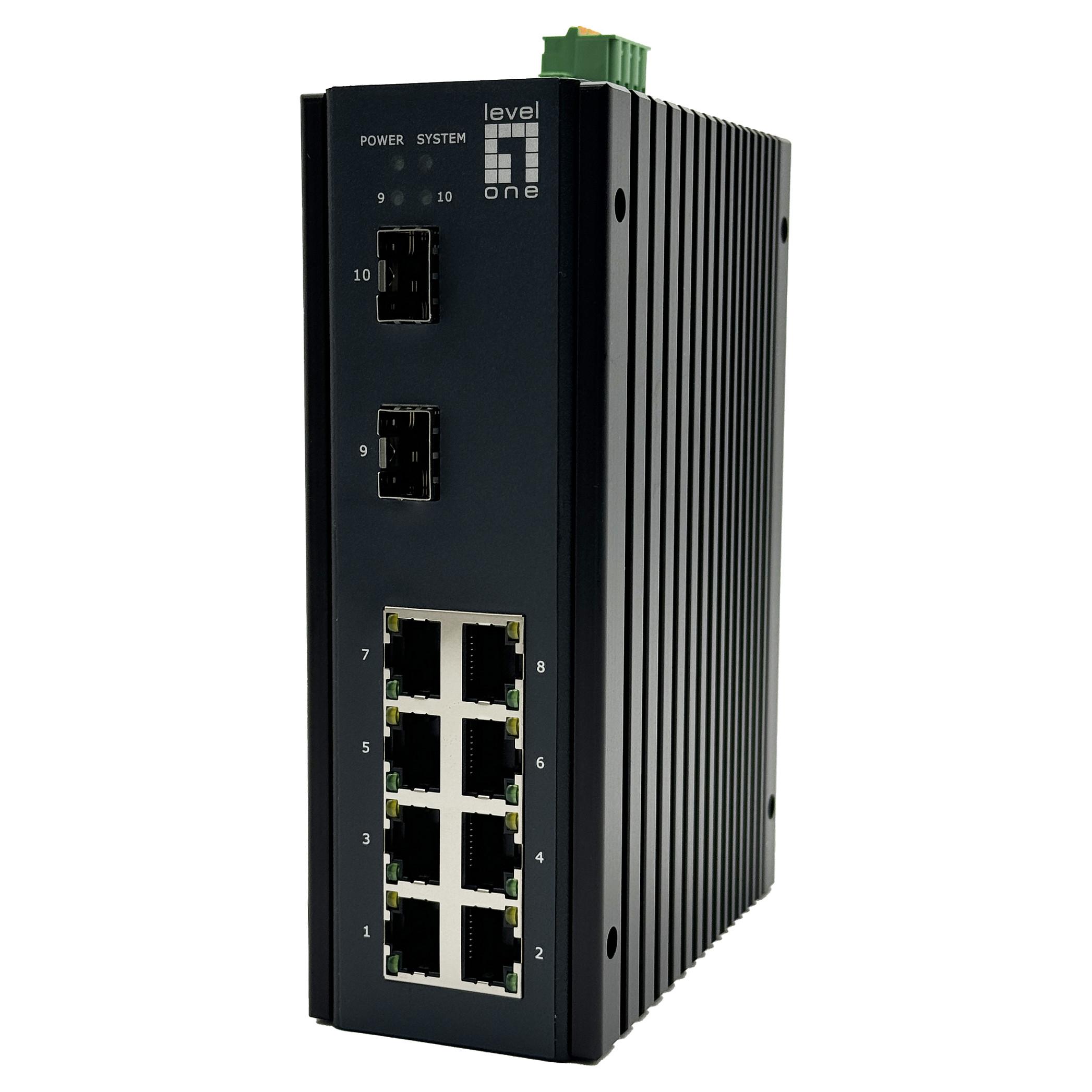 LevelOne 10-port L2+ administrerbar Gigabit industri-switch, 8x RJ45 1 GbE, 2x SFP 1/2,5 GbE, DIN-skinne, -40 °C til 75 °C