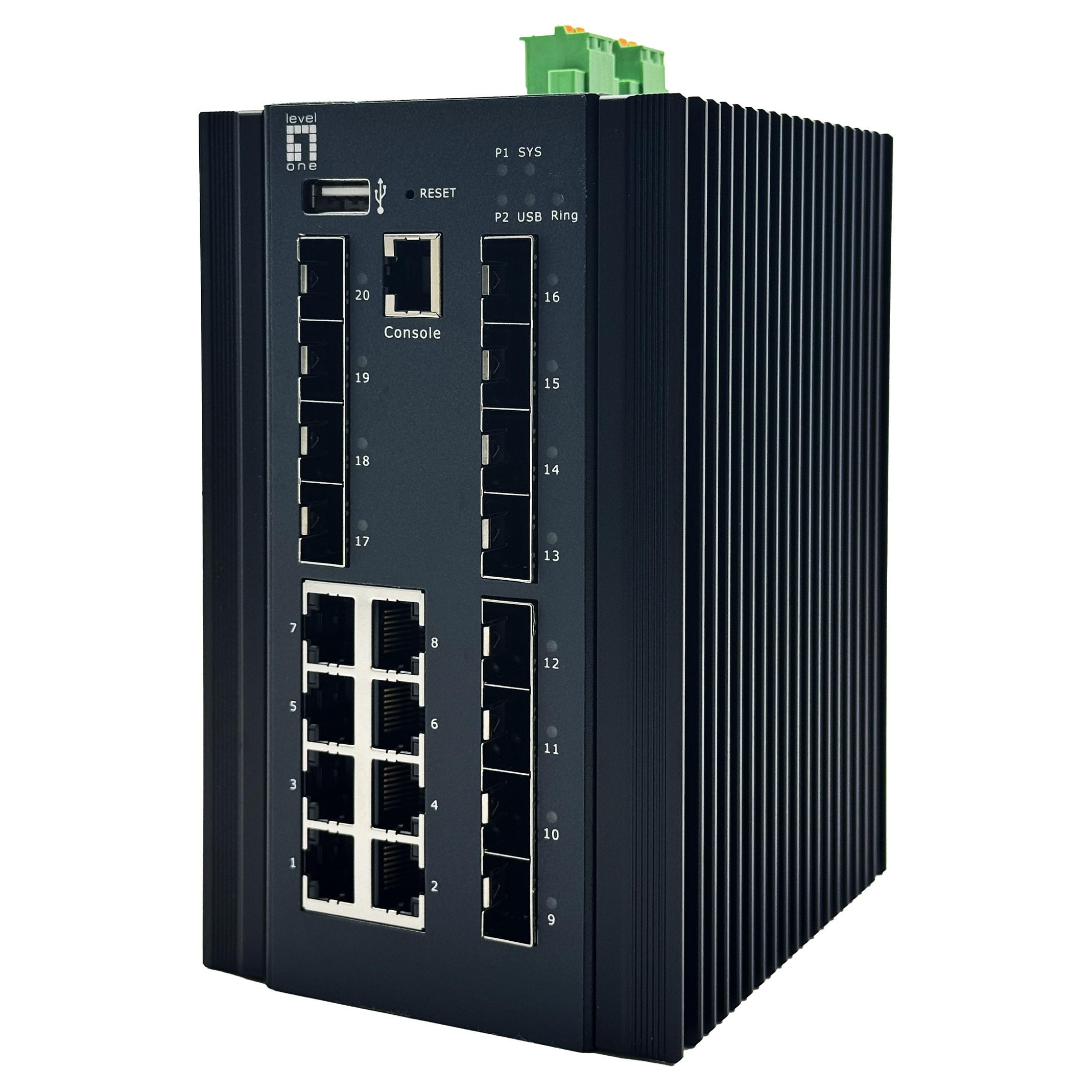 LevelOne 20-port L2+ administrerbar industriel switch - 8 x 1GbE RJ45, 8 x 1GbE SFP, 4 x 1/2,5GbE SFP, DIN-skinne, -40 °C til 80 °C