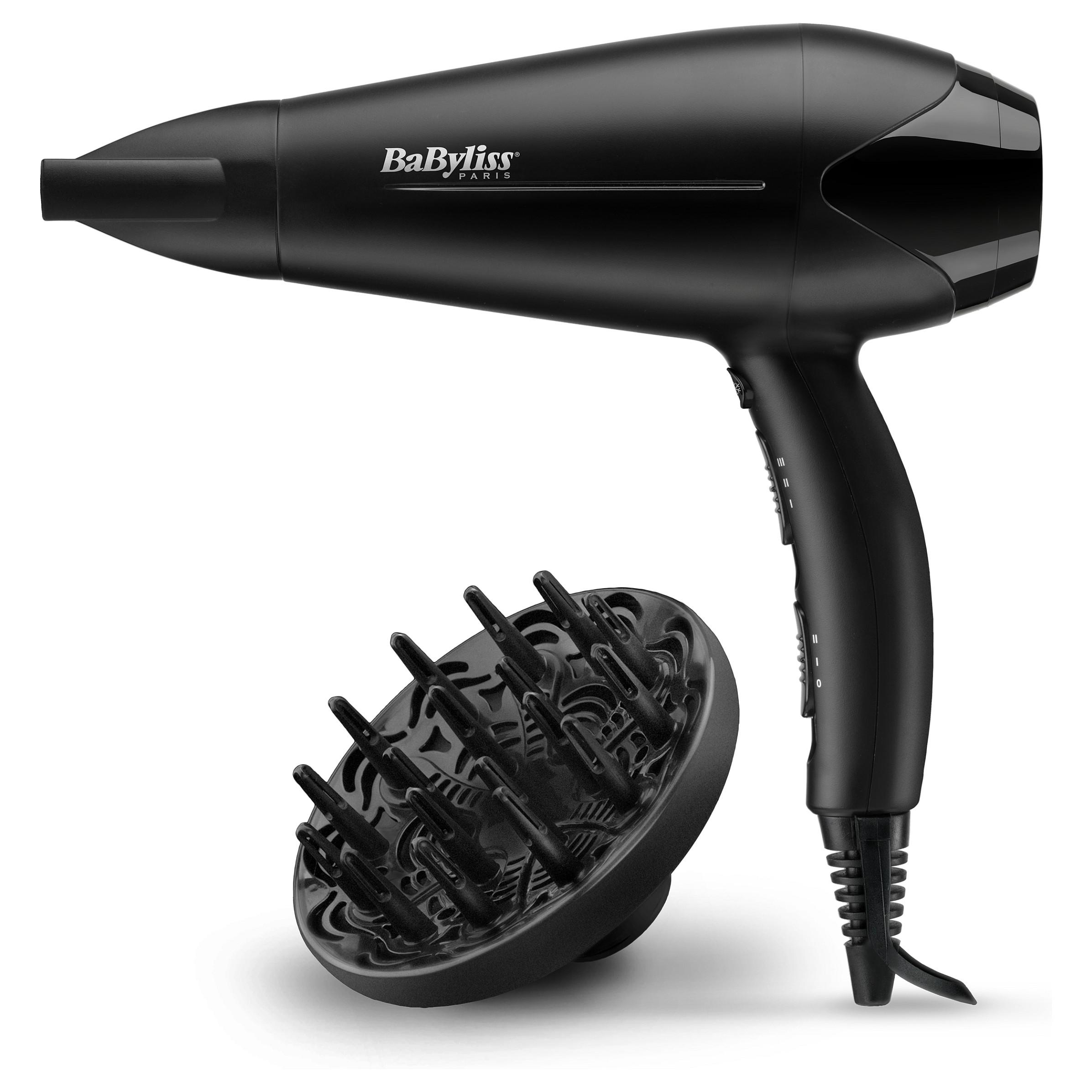 BaByliss D563DE Power Dry 2100 hårtørrer - sort med diffuser og koncentratormundstykke