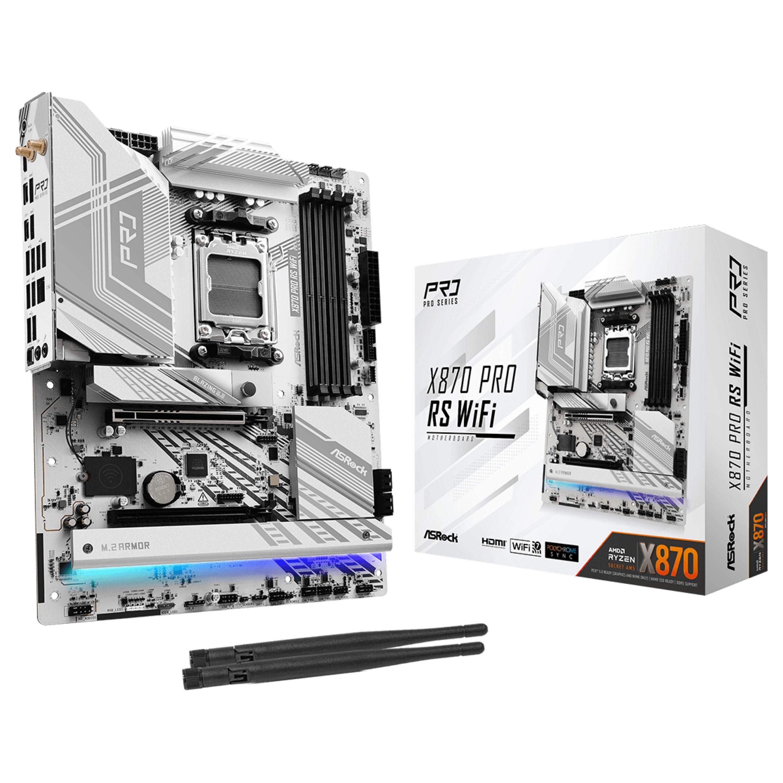 ASRock X870 Pro RS WiFi - Bundkort - ATX - Socket AM5 - AMD X870 Chipset - USB4, USB 3.2 Gen 1, USB-C 3.2 Gen 2x2 - 2.5 Gigabit LAN, Wi-Fi 7, Bluetooth - onboard grafik (CPU påkrævet) - HD Audio (8-kanaler)