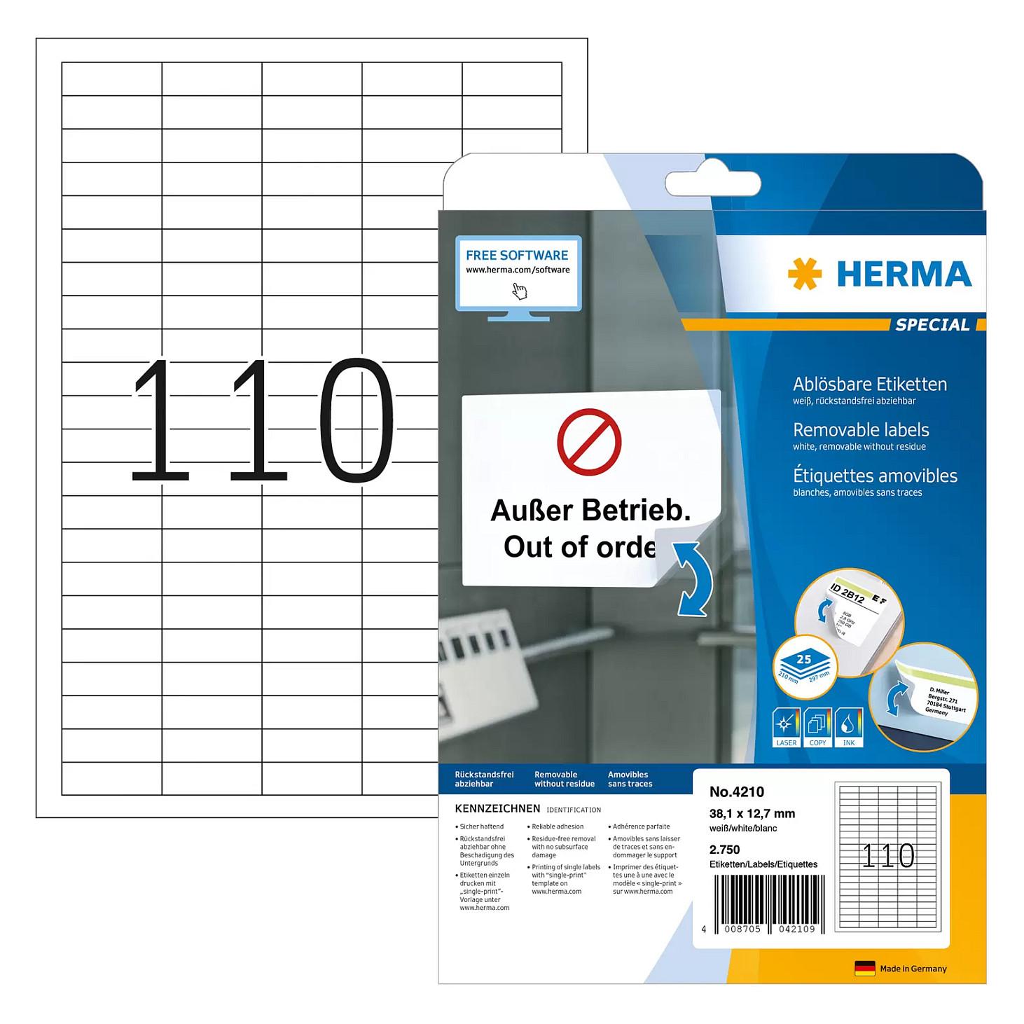 HERMA Special - Papir - mat - aftagelig selvklæbende - hvid - 38.1 x 12.7 mm 2750 etikette(r) (25 ark x 110) etiketter