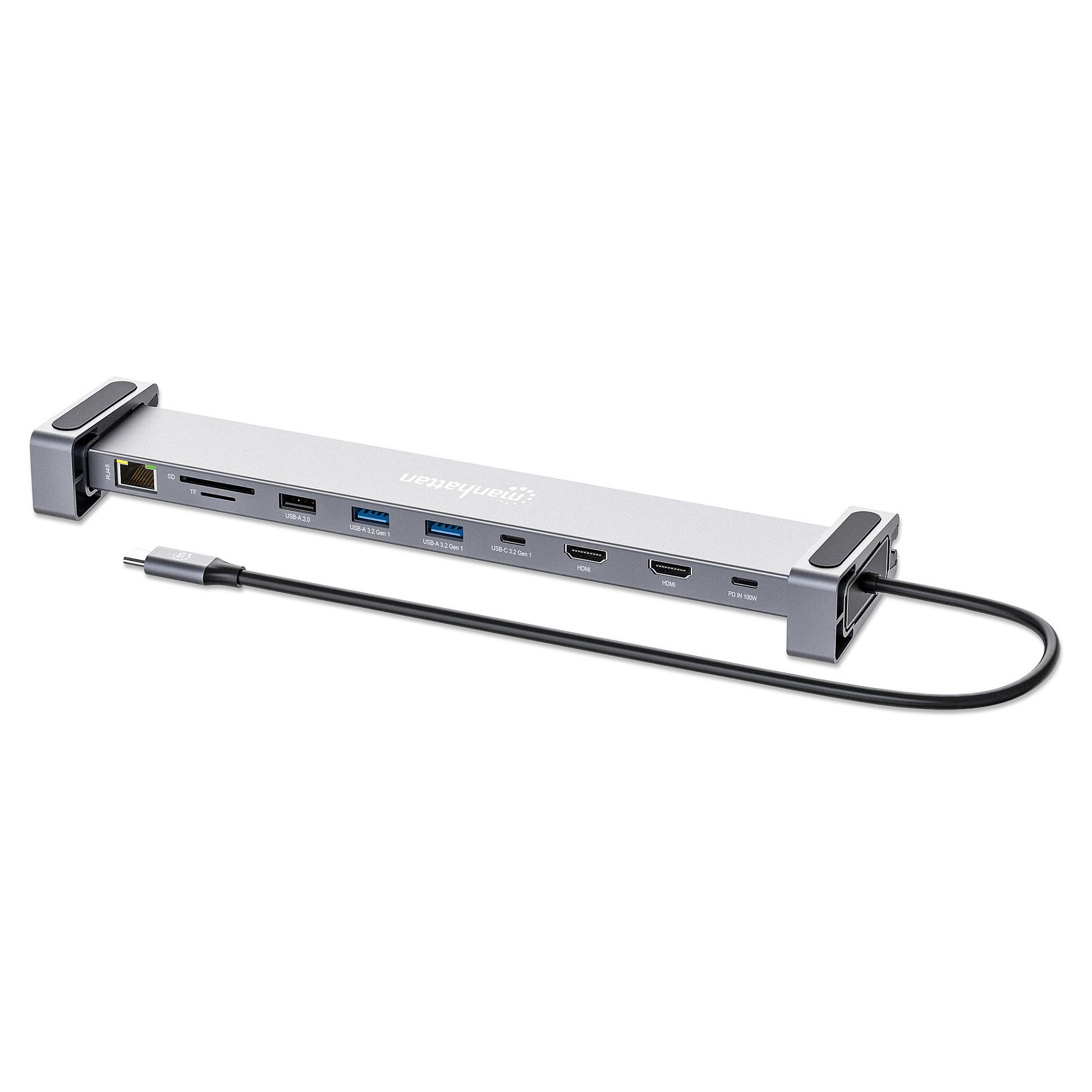 Manhattan 10-i-1 4K USB-C PD-dockingstation med 2 x HDMI, Ethernet, SD/microSD og 100 W PD