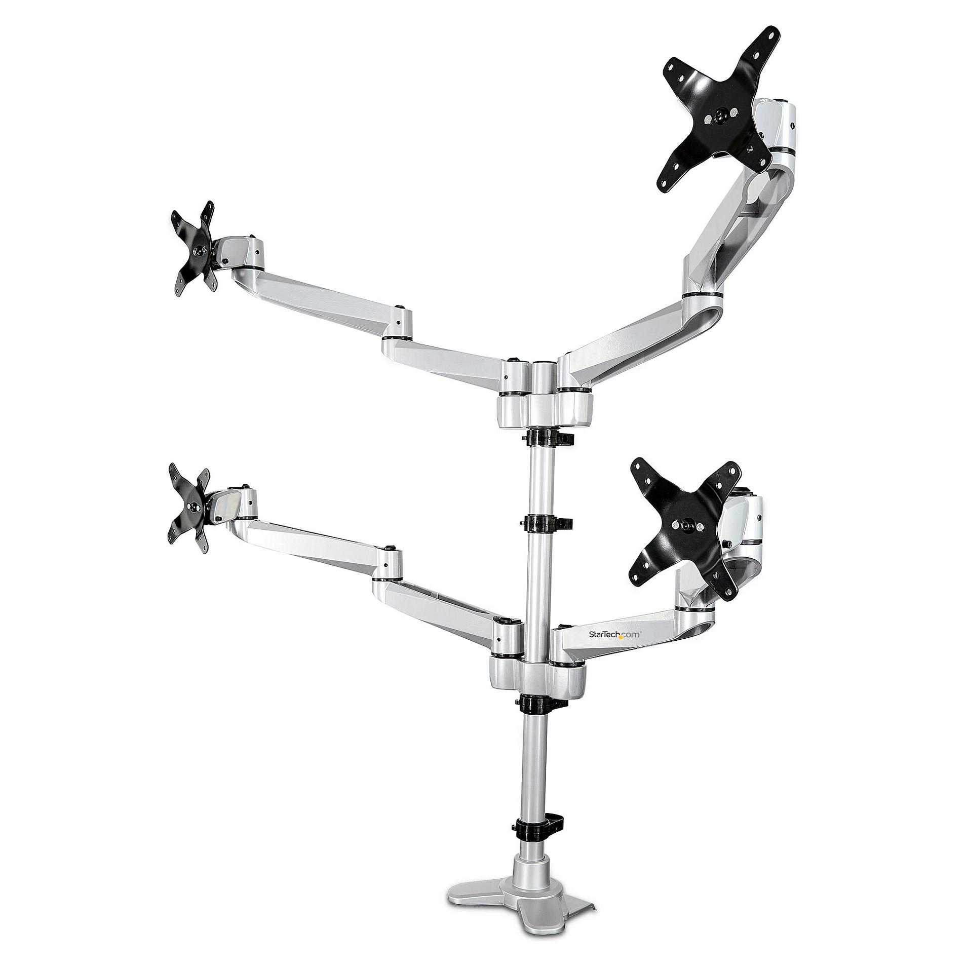 StarTech.com Desk Mount Quad Monitor Arm, Premium Articulating VESA 4 Monitor Mount 2x2 up to 27, Ergonomic Height Adjustable Pole Mount, Tilt/Swivel/Rotate, C-Clamp/Grommet, Silver - Heavy-duty VESA