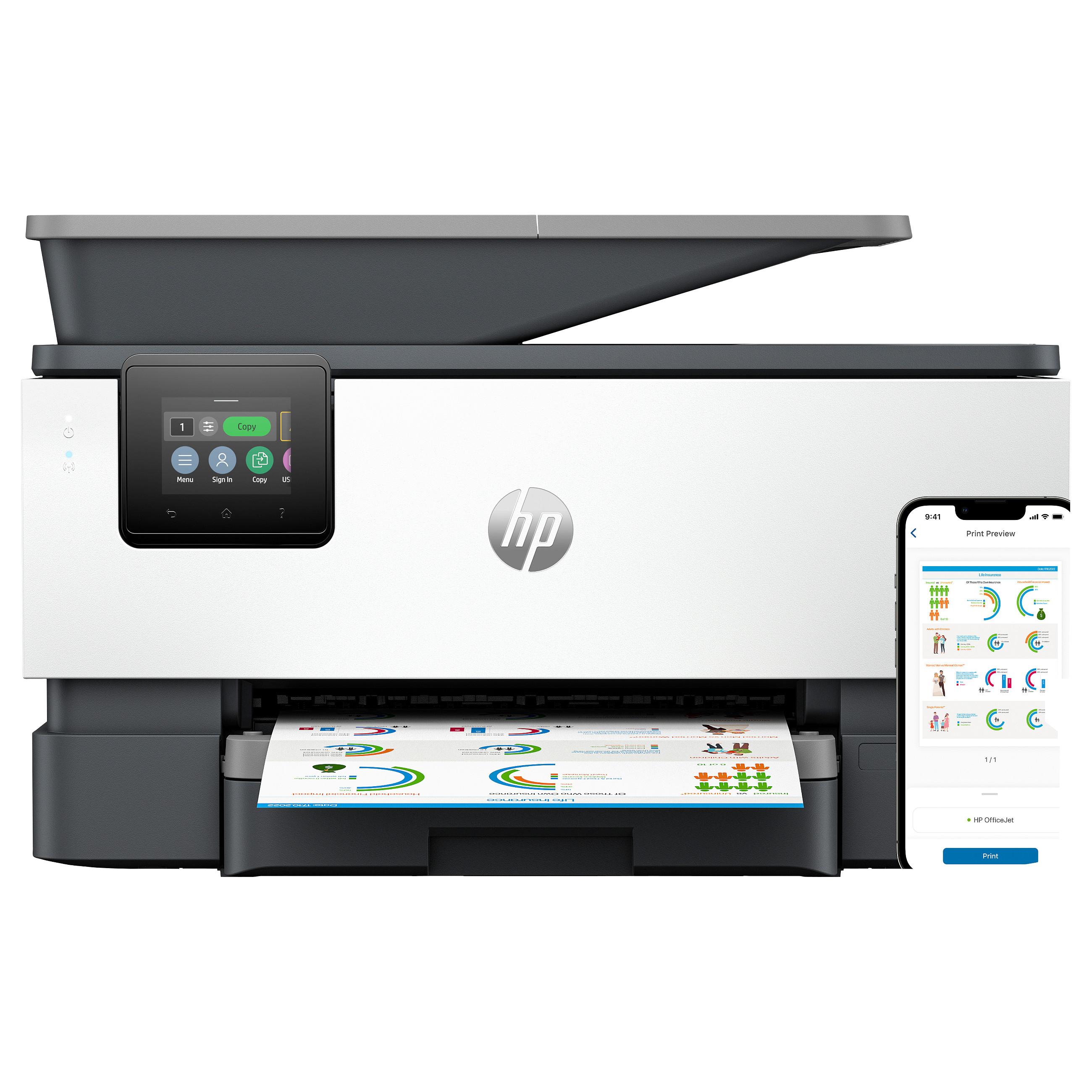 HP Officejet Pro 9120b All-in-One - Multifunktionsprinter - farve - blækprinter - Legal (216 x 356 mm) (original) - A4/Legal (medie) - op til 19 spm (kopiering) - op til 20 spm (udskriver) - 250 ark - 33.6 Kbps - USB 2.0, LAN, Wi-Fi(n), USB vært