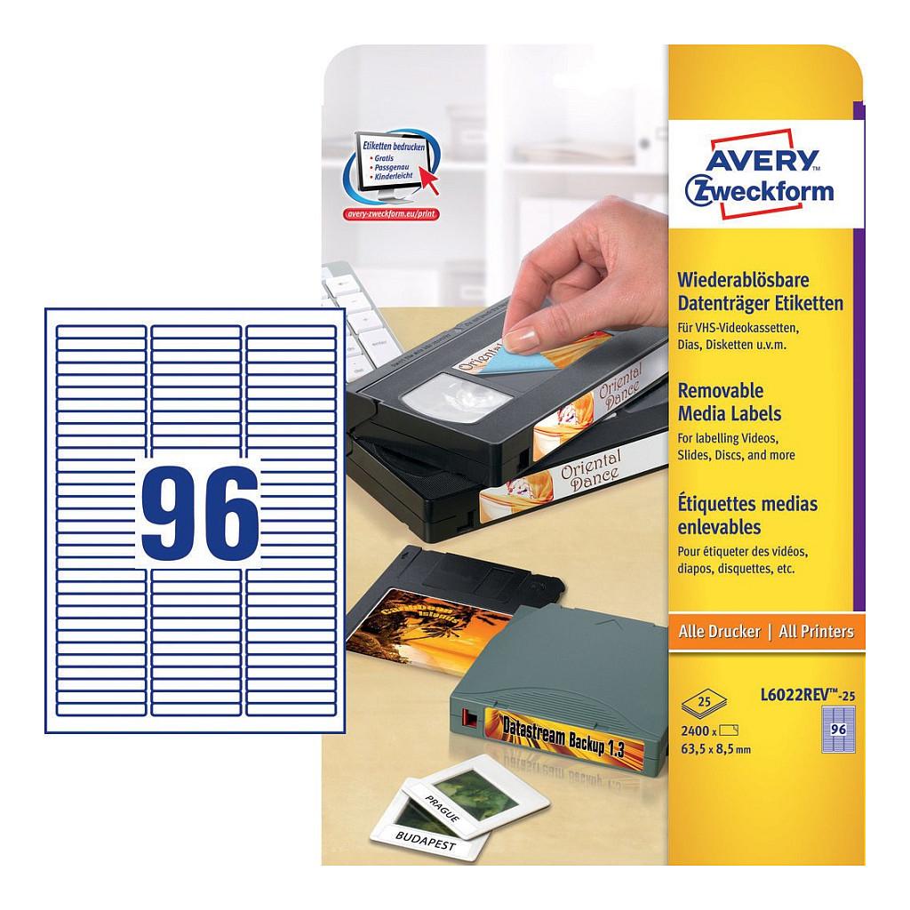 Aftagelige medieetiketter Avery Zweckform L6022REV-25 - hvid, 63,5 x 8,5 mm