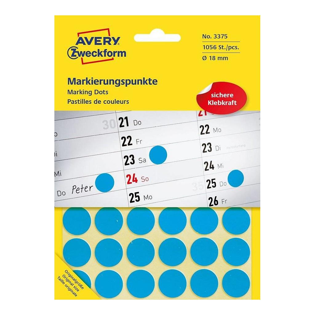 Markeringsprikker Avery Zweckform 3375 - blå, 18 mm, 1.056 stk.