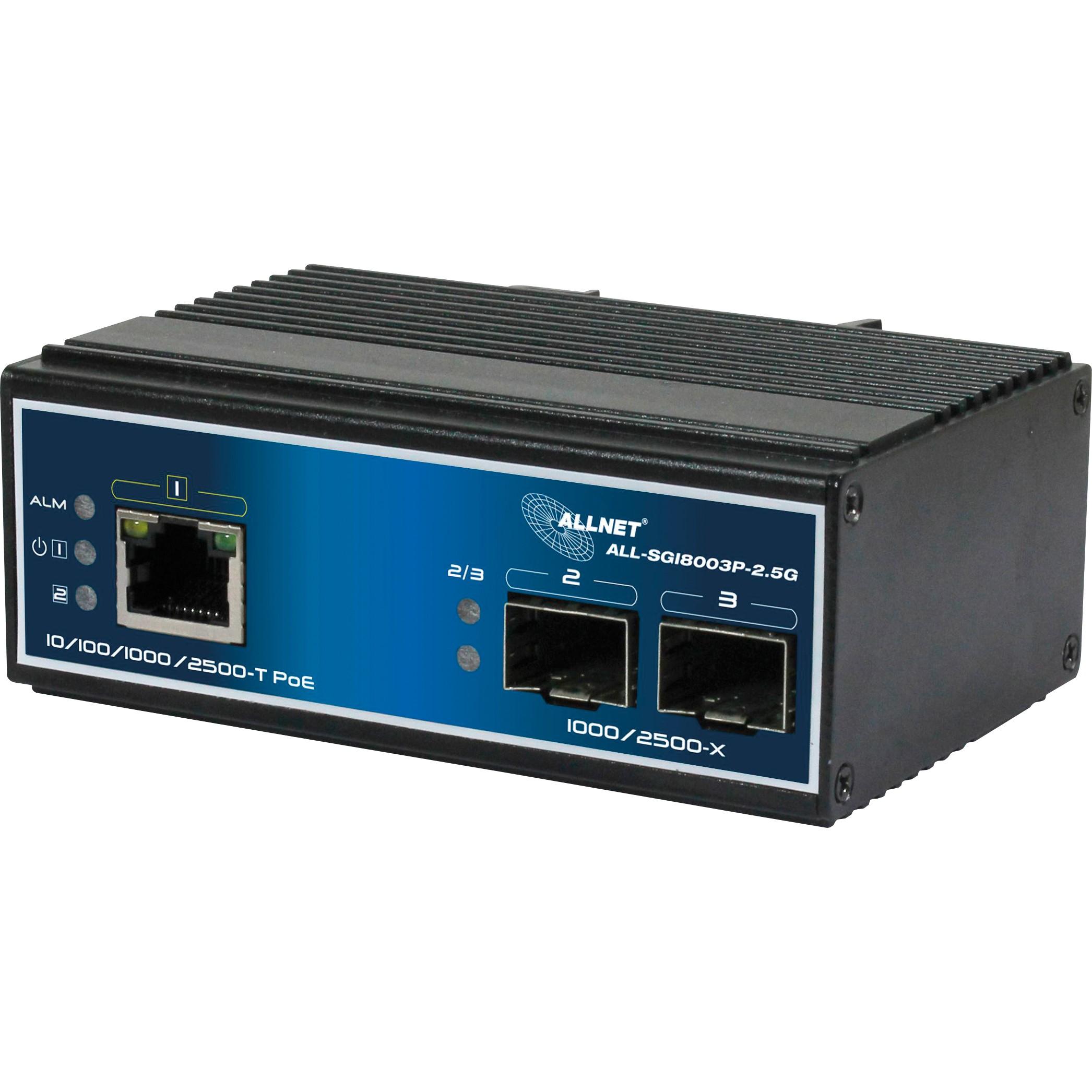 ALLNET Switch unmanaged industrial 3 Port 2.5Gigabit 90W / 1x PoE BT / 2x SFP 1G/2,5G / Lüfterlos / DIN / IP40 / "ALL-SGI8003P-2.5G"